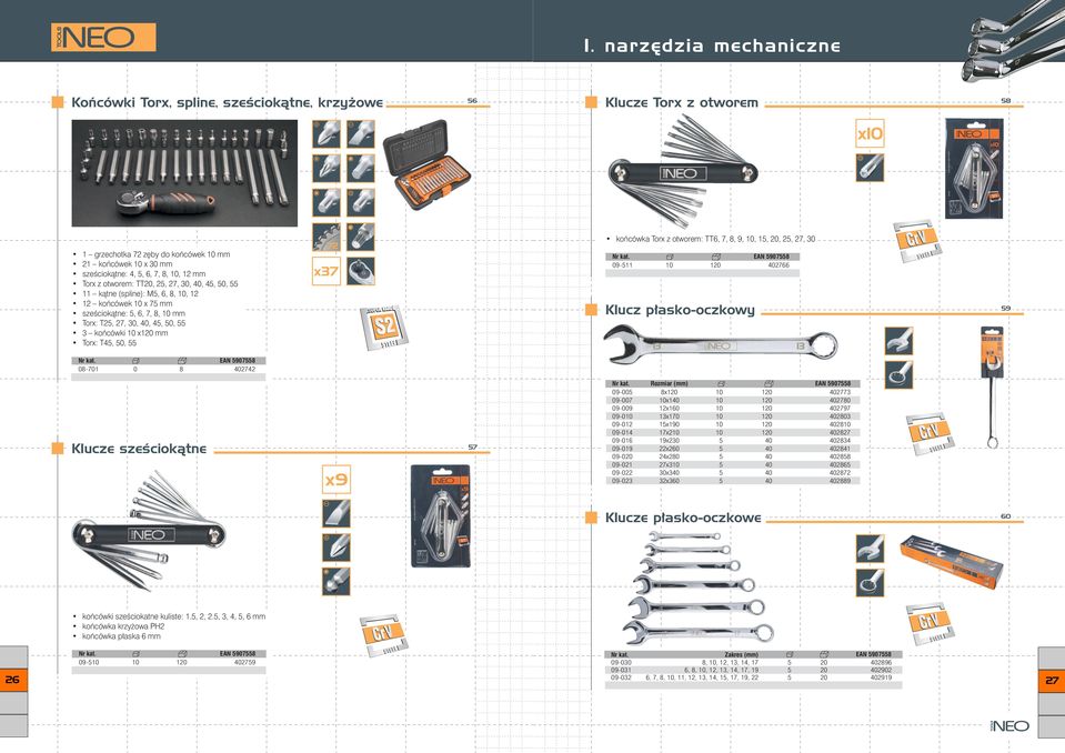 40, 45, 50, 55 3 koƒcówki 10 x120 mm Torx: T45, 50, 55 09-511 10 120 402766 Klucz p asko-oczkowy 59 08-701 0 8 402742 Klucze szeêciokàtne 57 Nr kat.