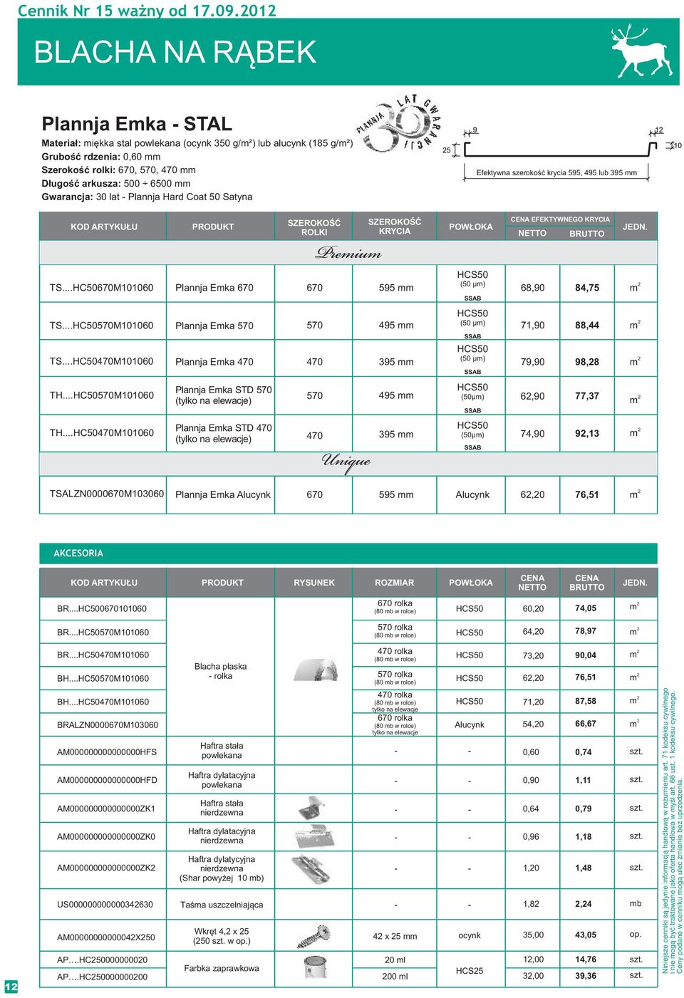 Cat 50 Satyna Efektywna szerkść krycia 595, 495 lub 395 SZEROKOŚĆ ROLKI SZEROKOŚĆ KRYCIA EFEKTYWNEGO KRYCIA TS...HC50670M101060 Plannja Eka 670 670 595 (50 µ) 68,90 84,75 TS...HC50570M101060 TS.