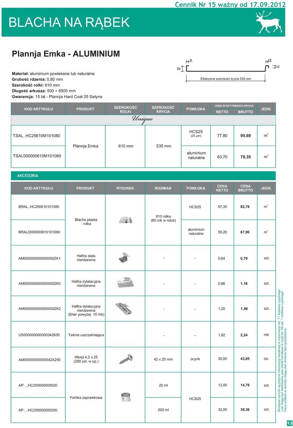 535 SZEROKOŚĆ ROLKI SZEROKOŚĆ KRYCIA EFEKTYWNEGO KRYCIA TSAL..HC5610M101080 HCS5 (5 µ) 77,80 95,69 Plannja Eka 610 535 TSAL000000610M101080 aluiniu naluralne 63,70 78,35 AKCESORIA RYSUNEK ROZMIAR BRAL.