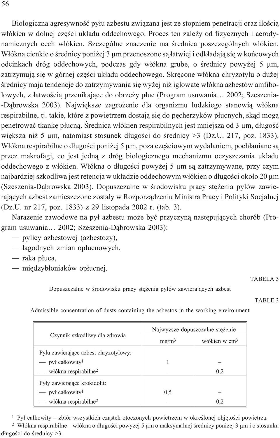 W³ókna cienkie o œrednicy poni ej 3 µm przenoszone s¹ ³atwiej i odk³adaj¹ siê w koñcowych odcinkach dróg oddechowych, podczas gdy w³ókna grube, o œrednicy powy ej 5 µm, zatrzymuj¹ siê w górnej czêœci