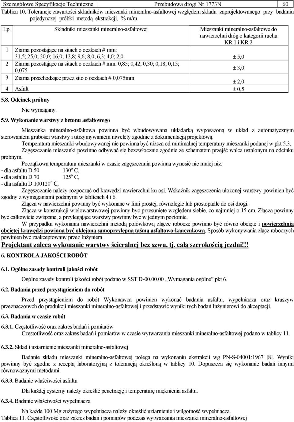 Składniki mieszanki mineralno-asfaltowej Mieszanki mineralno-asfaltowe do nawierzchni dróg o kategorii ruchu KR 1 i KR 2 1 Ziarna pozostające na sitach o oczkach # mm: 31,5; 25,0; 20,0; 16,0; 12,8;