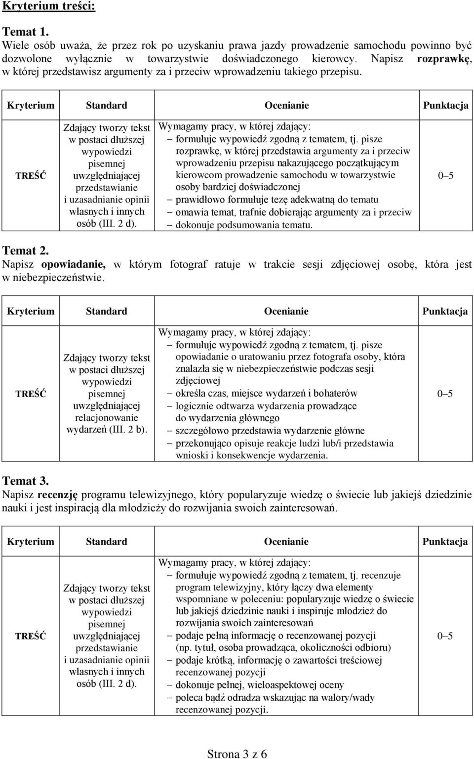 Kryterium Ocenianie Punktacja TREŚĆ Zdający tworzy tekst w postaci dłuższej pisemnej uwzględniającej przedstawianie i uzasadnianie opinii własnych i innych osób (III. 2 d).