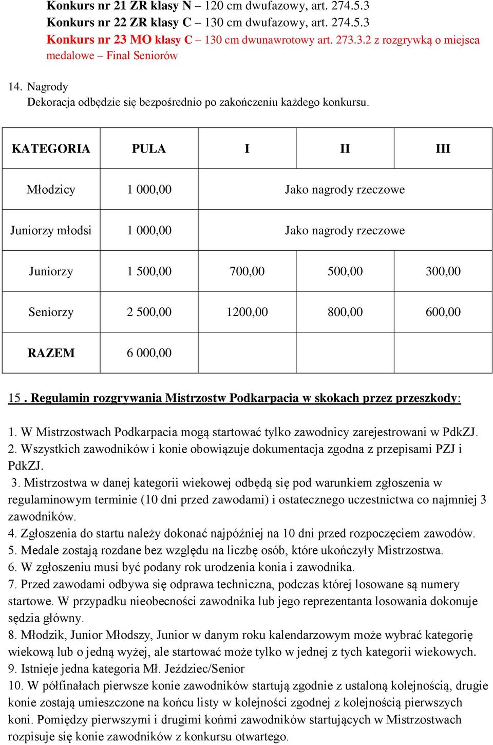 KATEGORIA PULA I II III Młodzicy 1 000,00 Jako nagrody rzeczowe Juniorzy młodsi 1 000,00 Jako nagrody rzeczowe Juniorzy 1 500,00 700,00 500,00 300,00 Seniorzy 2 500,00 1200,00 800,00 600,00 RAZEM 6