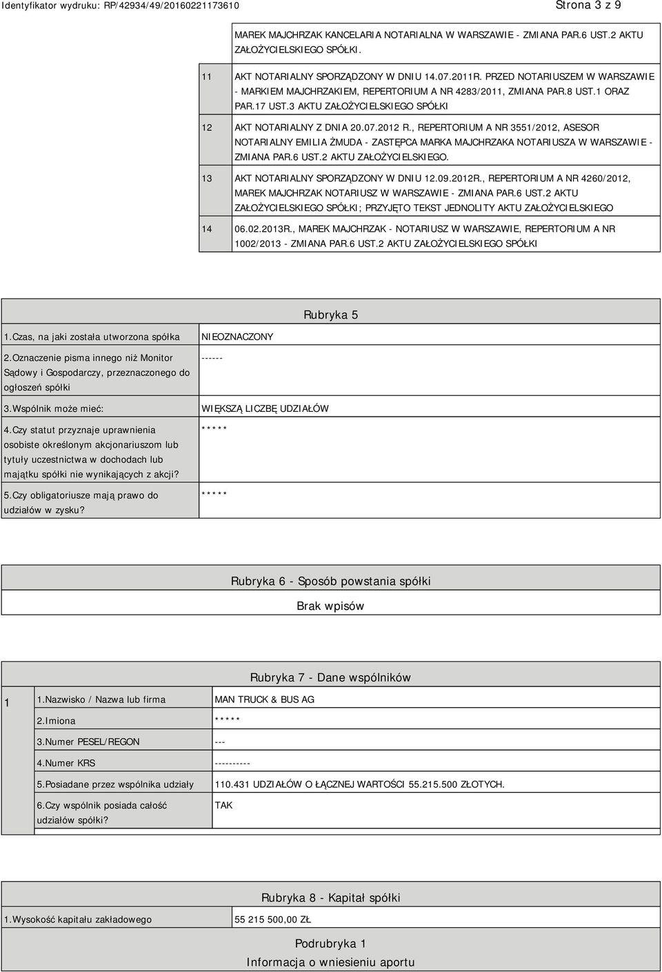 , REPERTORIUM A NR 3551/2012, ASESOR NOTARIALNY EMILIA ŻMUDA - ZASTĘPCA MARKA MAJCHRZAKA NOTARIUSZA W WARSZAWIE - ZMIANA PAR.6 UST.2 AKTU ZAŁOŻYCIELSKIEGO. 13 AKT NOTARIALNY SPORZĄDZONY W DNIU 12.09.