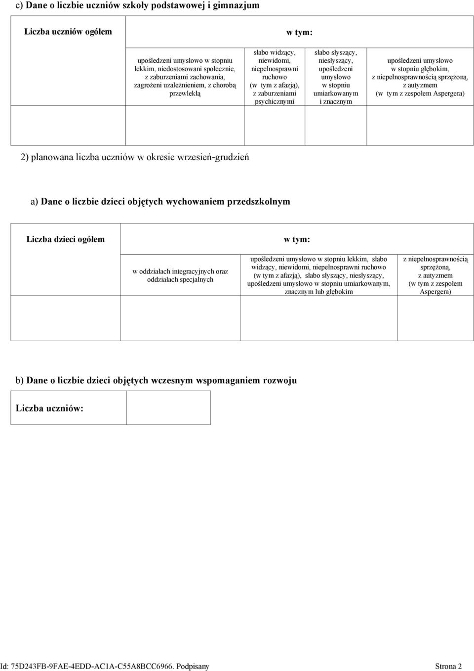 umiarkowanym i znacznym upośledzeni umysłowo w stopniu głębokim, z niepełnosprawnością sprzężoną, z autyzmem (w tym z zespołem Aspergera) 2) planowana liczba uczniów w okresie wrzesień-grudzień a)