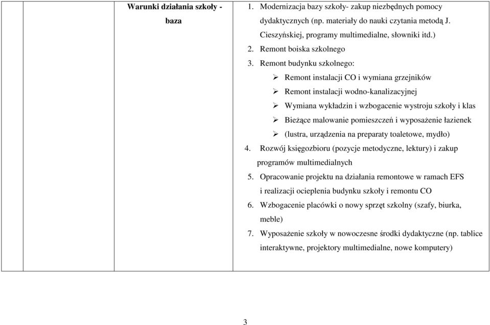 Remont budynku szkolnego: Remont instalacji CO i wymiana grzejników Remont instalacji wodno-kanalizacyjnej Wymiana wykładzin i wzbogacenie wystroju szkoły i klas BieŜące malowanie pomieszczeń i