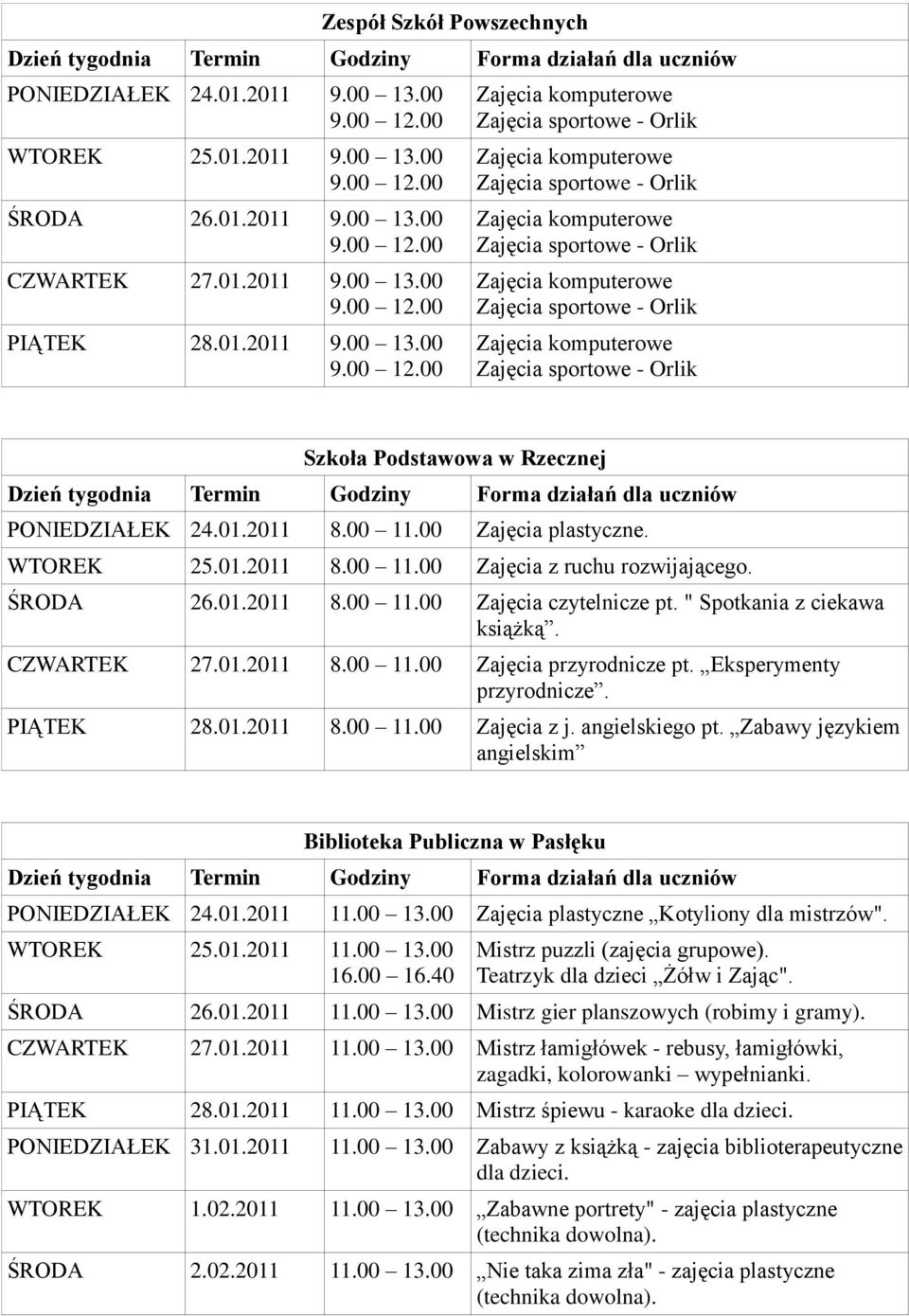 Eksperymenty przyrodnicze. PIĄTEK 28.01.2011 8.00 11.00 Zajęcia z j. angielskiego pt. Zabawy językiem angielskim Biblioteka Publiczna w Pasłęku PONIEDZIAŁEK 24.01.2011 11.00 13.