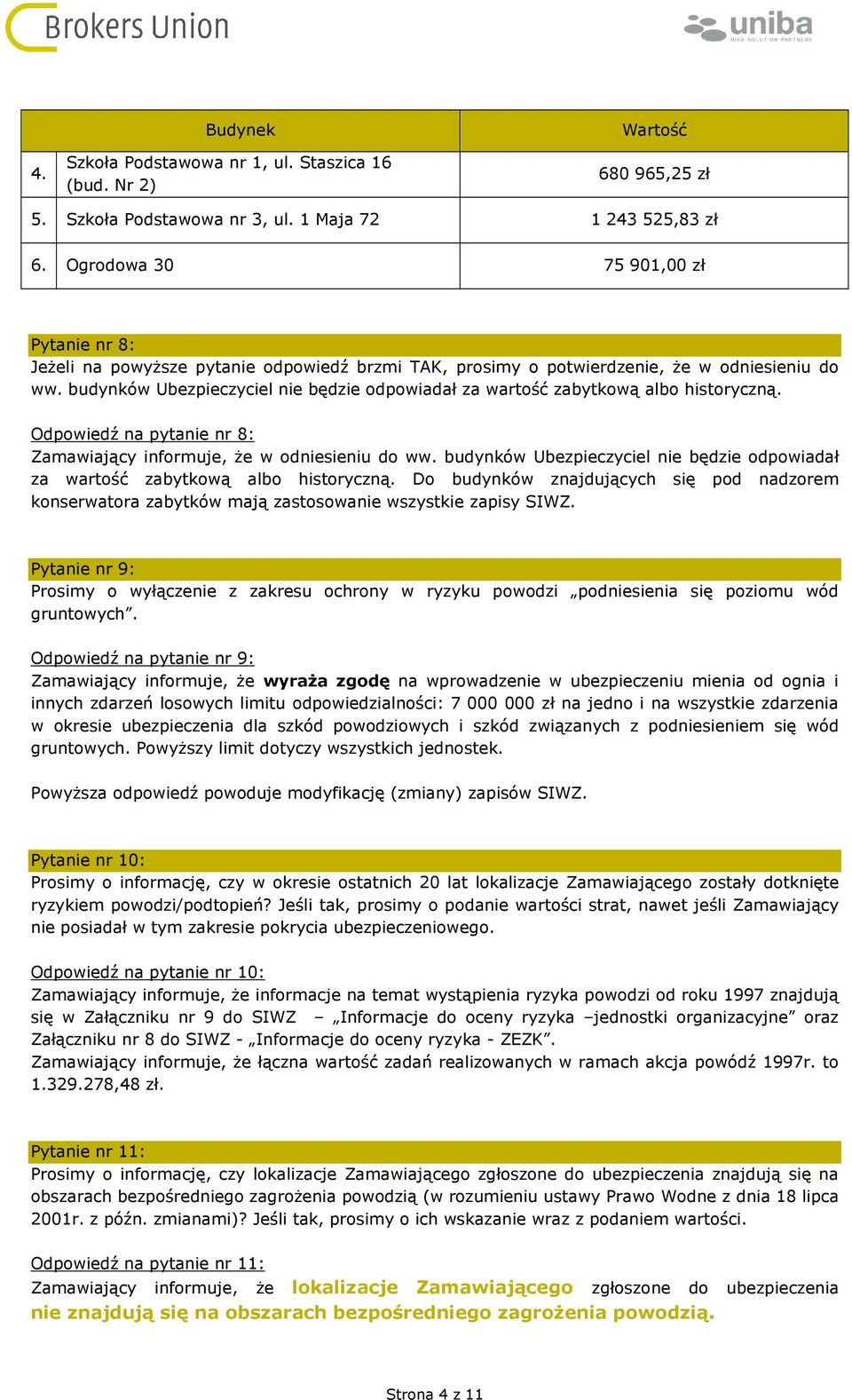 budynków Ubezpieczyciel nie będzie odpowiadał za wartość zabytkową albo historyczną. Odpowiedź na pytanie nr 8: Zamawiający informuje, że w odniesieniu do ww.