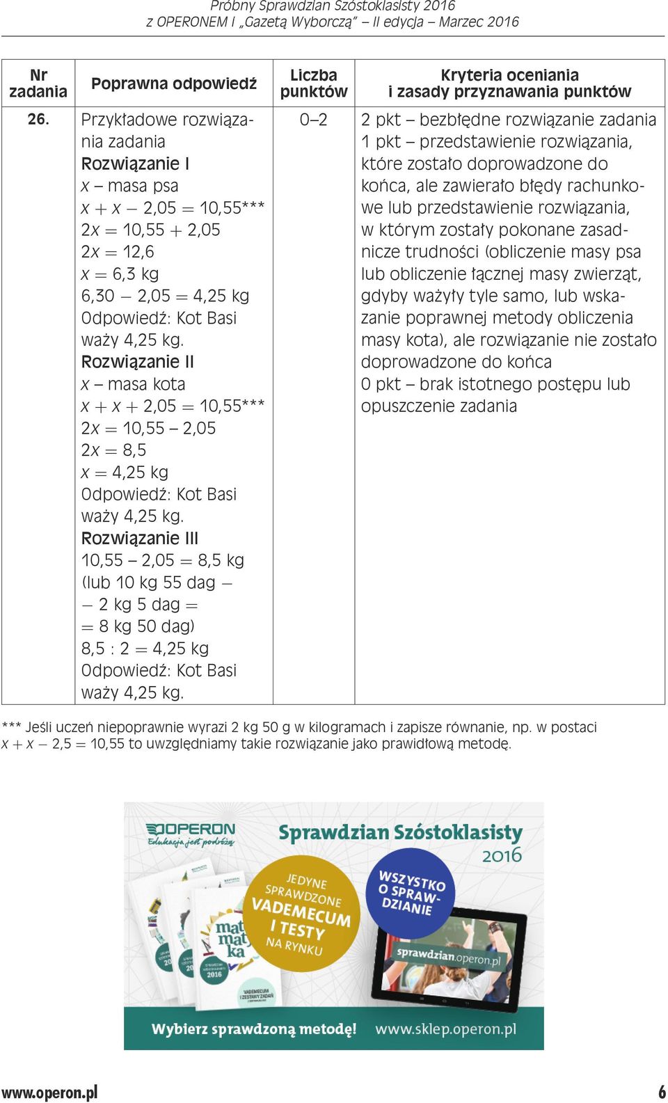 Rozwiązanie II x masa kota x + x +,05 = 10,55*** x = 10,55,05 x = 8,5 x = 4,5 kg Odpowiedź: Kot Basi waży 4,5 kg.