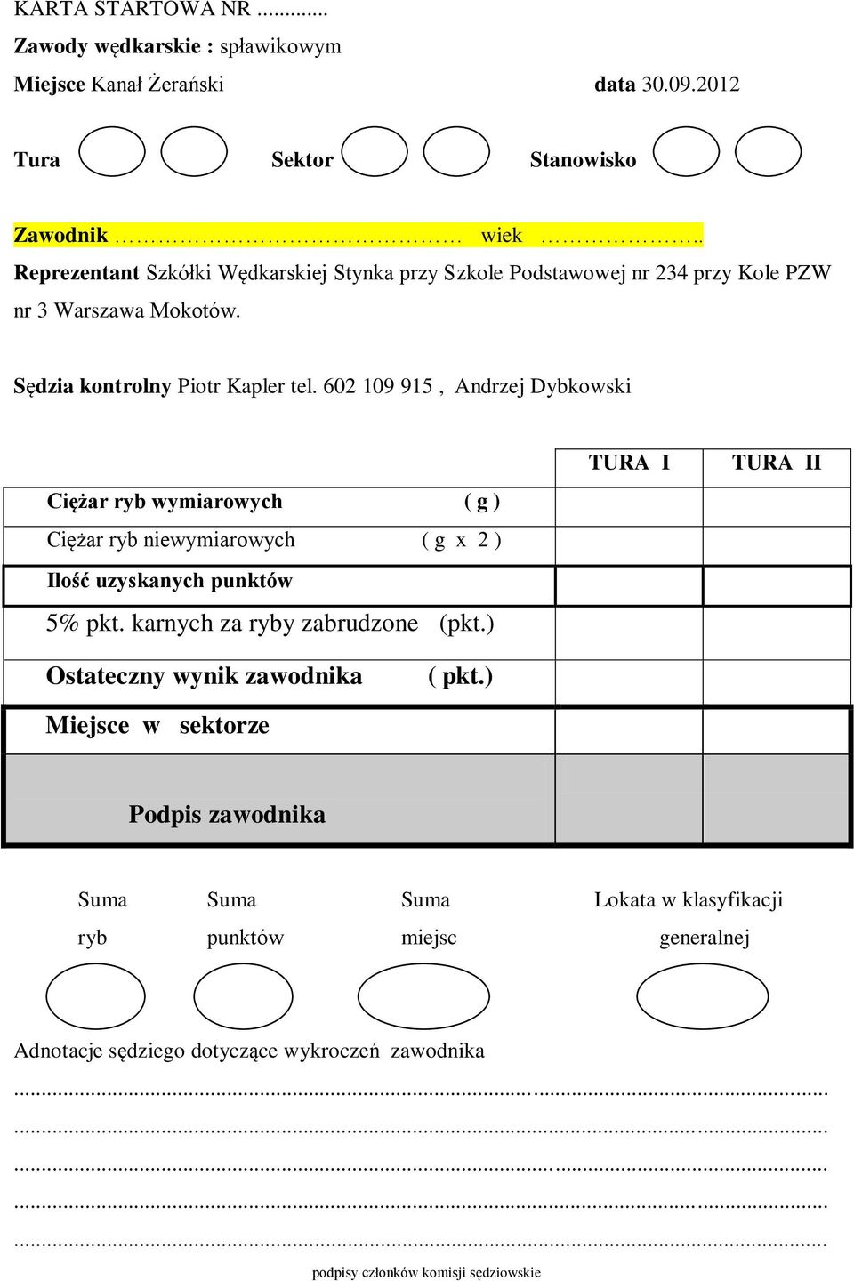602 109 915, Andrzej Dybkowski Ciężar ryb wymiarowych ( g ) Ciężar ryb niewymiarowych ( g x 2 ) Ilość uzyskanych punktów 5% pkt. karnych za ryby zabrudzone (pkt.