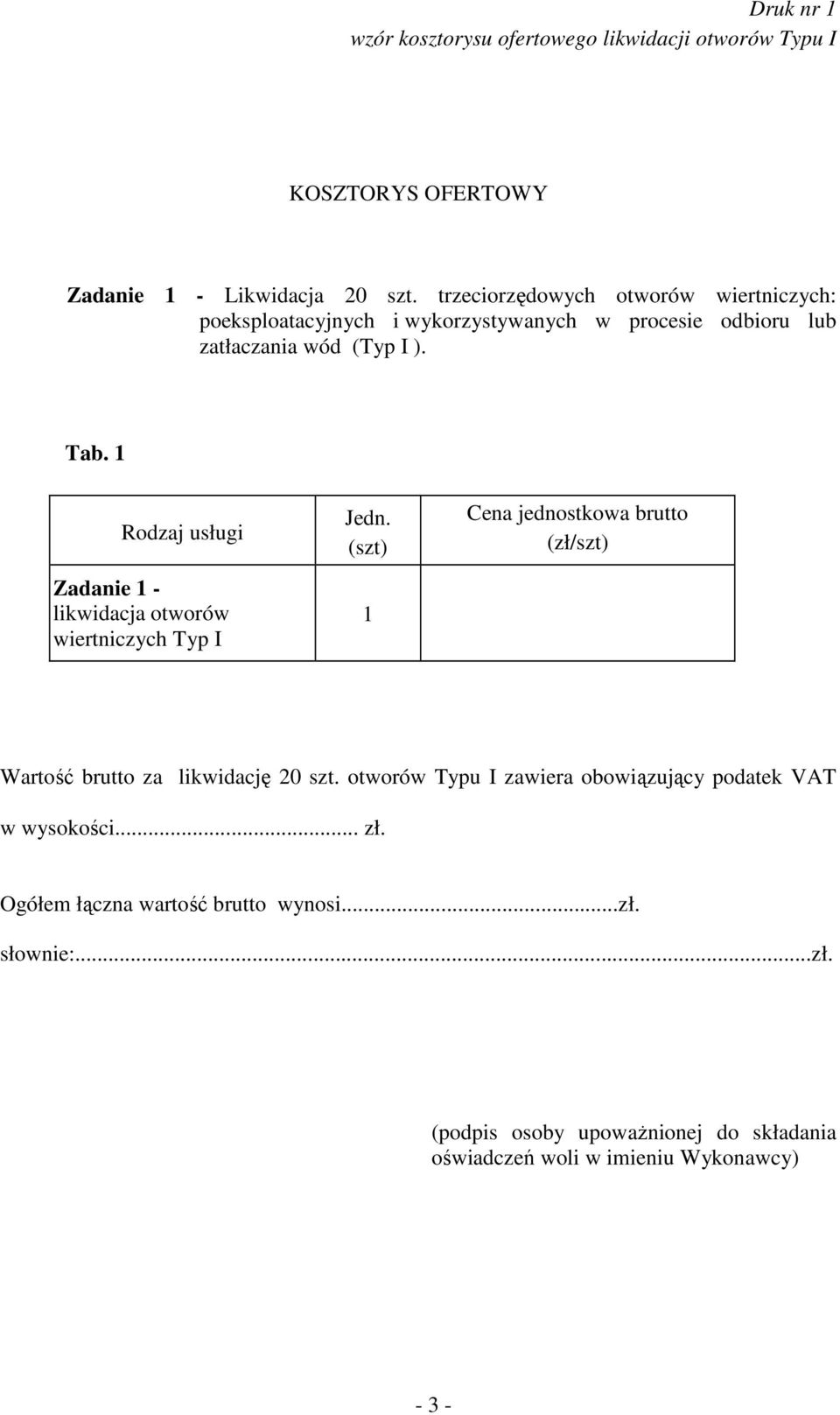 1 Rodzaj usługi Zadanie 1 - likwidacja otworów wiertniczych Typ I Jedn.