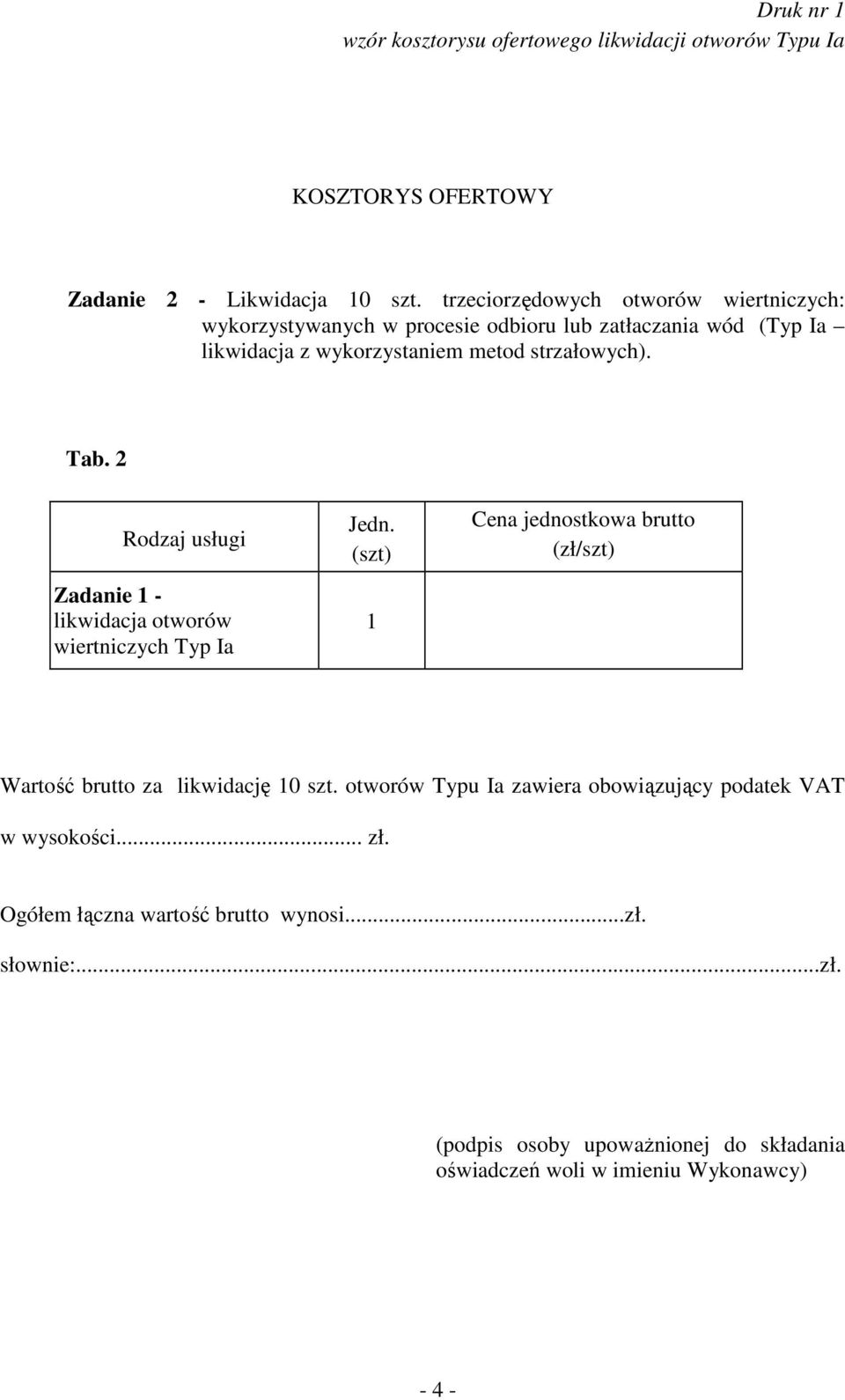 strzałowych). Tab. 2 Rodzaj usługi Zadanie 1 - likwidacja otworów wiertniczych Typ Ia Jedn.