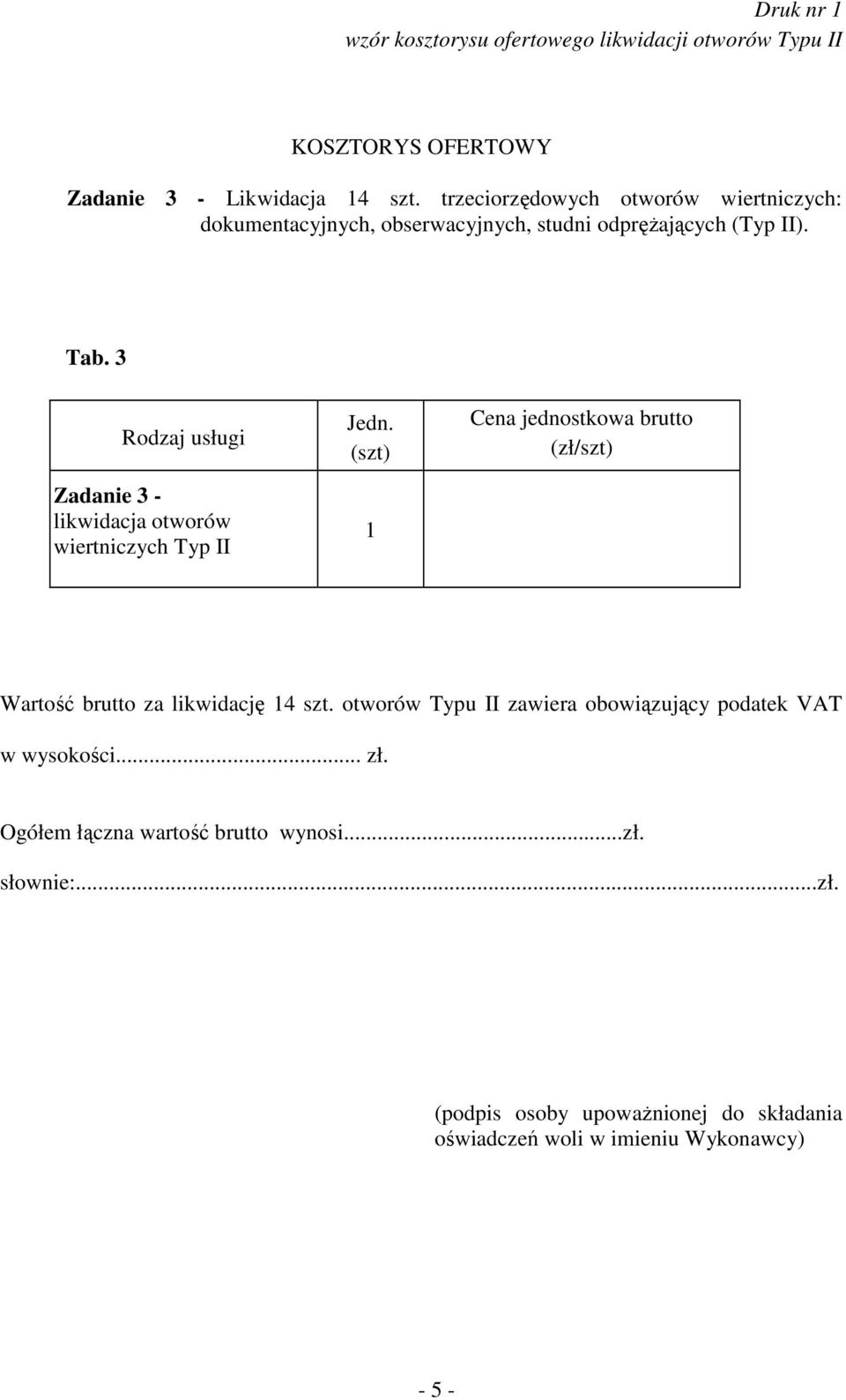 3 Rodzaj usługi Zadanie 3 - likwidacja otworów wiertniczych Typ II Jedn.