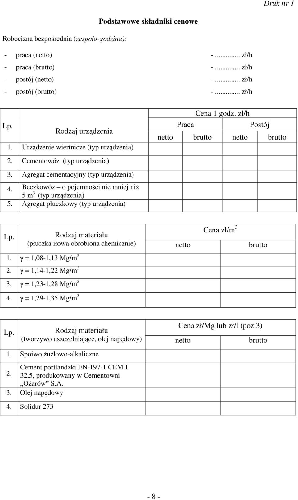 Beczkowóz o pojemności nie mniej niŝ 5 m 3 (typ urządzenia) 5. Agregat płuczkowy (typ urządzenia) Lp. Rodzaj materiału (płuczka iłowa obrobiona chemicznie) netto Cena zł/m 3 brutto 1.