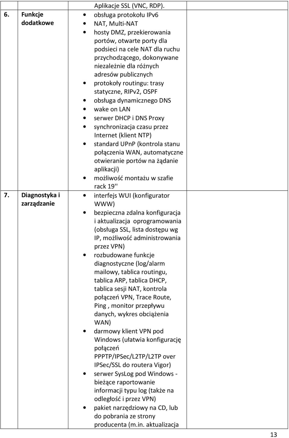 protokoły routingu: trasy statyczne, RIPv2, OSPF obsługa dynamicznego DNS wake on LAN serwer DHCP i DNS Proxy synchronizacja czasu przez Internet (klient NTP) standard UPnP (kontrola stanu połączenia