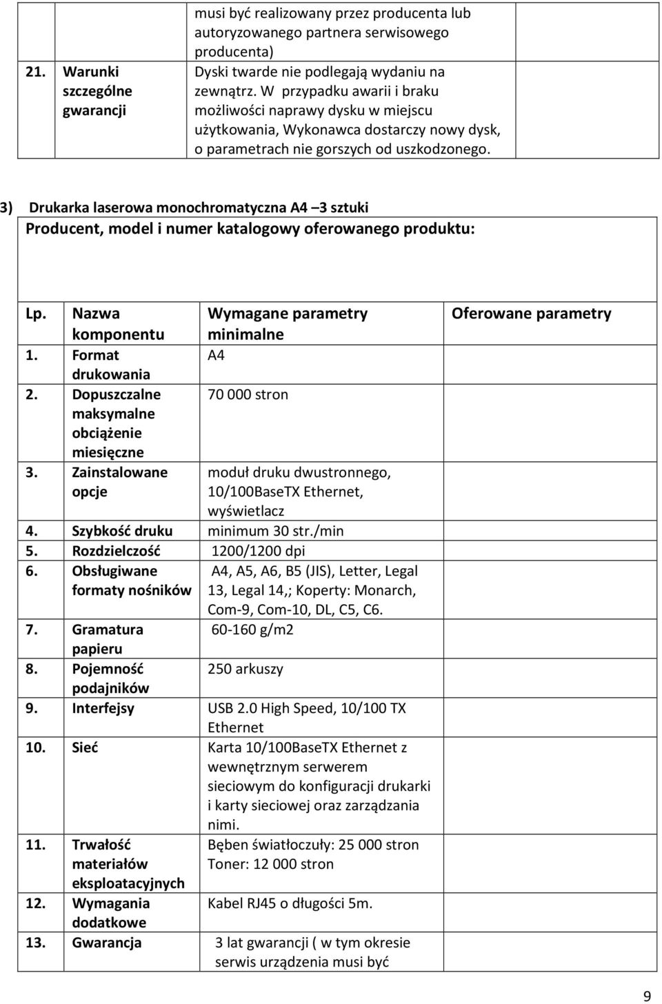 3) Drukarka laserowa monochromatyczna A4 3 sztuki Producent, model i numer katalogowy oferowanego produktu: Lp. Nazwa komponentu 1. Format drukowania 2.