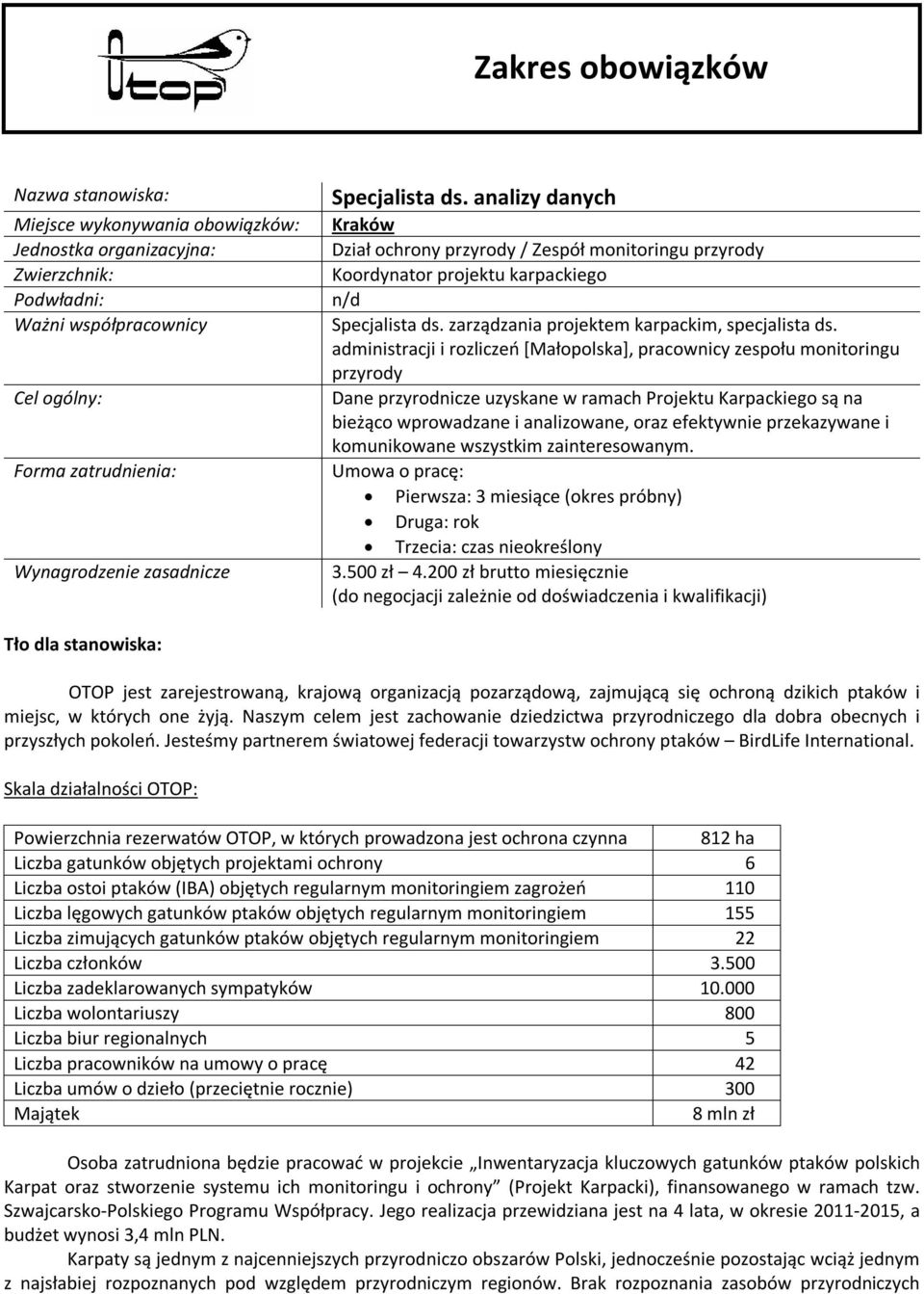 dministrcji i rozliczeń [Młopolsk], prcownicy zespołu monitoringu przyrody Dne przyrodnicze uzyskne w rmch Projektu Krpckiego są n bieżąco wprowdzne i nlizowne, orz efektywnie przekzywne i