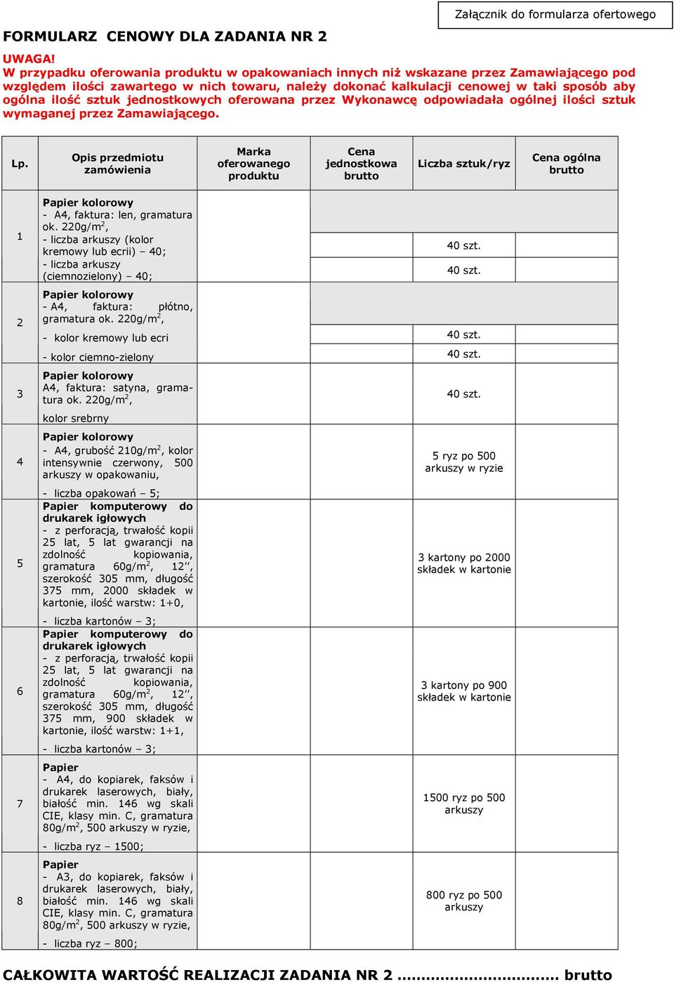 sztuk jednostkowych oferowana przez Wykonawcę odpowiadała ogólnej ilości sztuk wymaganej przez Zamawiającego. Lp.