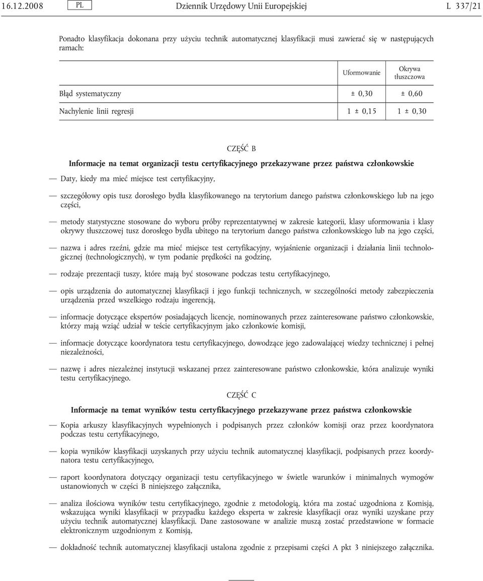 Błąd systematyczny ± 0,30 ± 0,60 Nachylenie linii regresji 1 ± 0,15 1 ± 0,30 CZĘŚĆ B Informacje na temat organizacji testu certyfikacyjnego przekazywane przez państwa członkowskie Daty, kiedy ma mieć