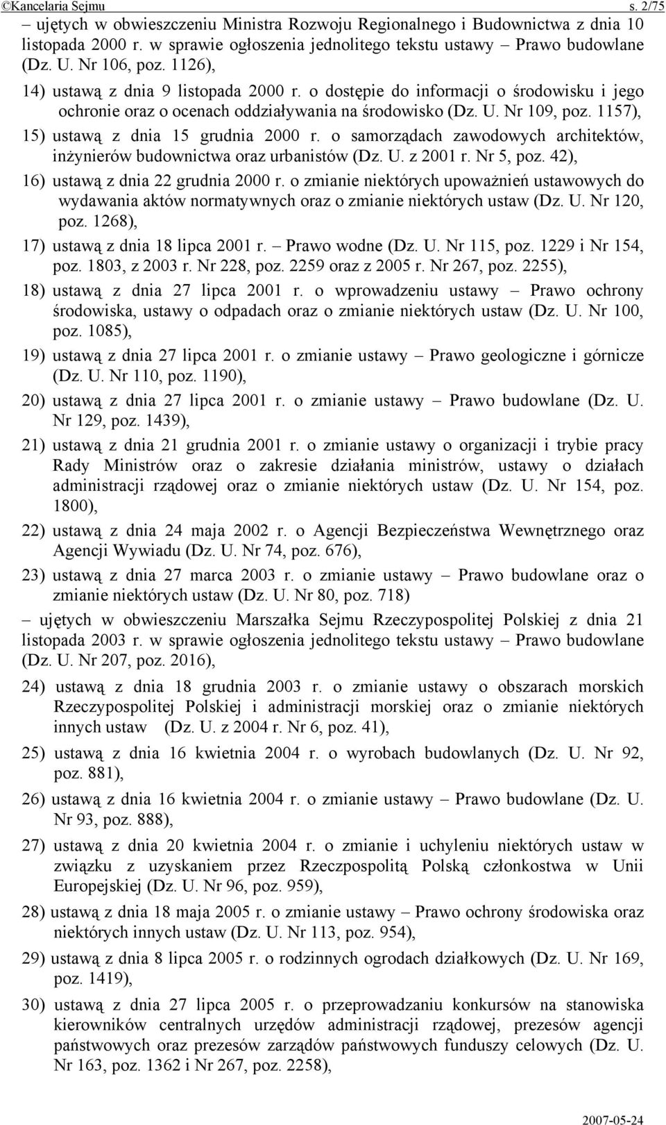 1157), 15) ustawą z dnia 15 grudnia 2000 r. o samorządach zawodowych architektów, inżynierów budownictwa oraz urbanistów (Dz. U. z 2001 r. Nr 5, poz. 42), 16) ustawą z dnia 22 grudnia 2000 r.