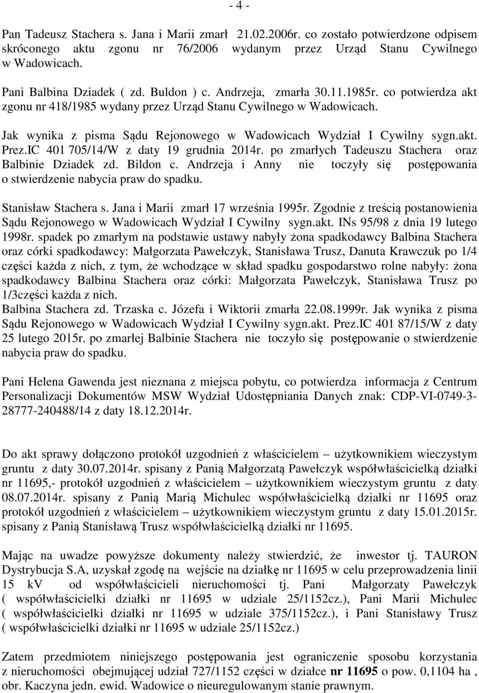Jak wynika z pisma Sądu Rejonowego w Wadowicach Wydział I Cywilny sygn.akt. Prez.IC 401 705/14/W z daty 19 grudnia 2014r. po zmarłych Tadeuszu Stachera oraz Balbinie Dziadek zd. Bildon c.