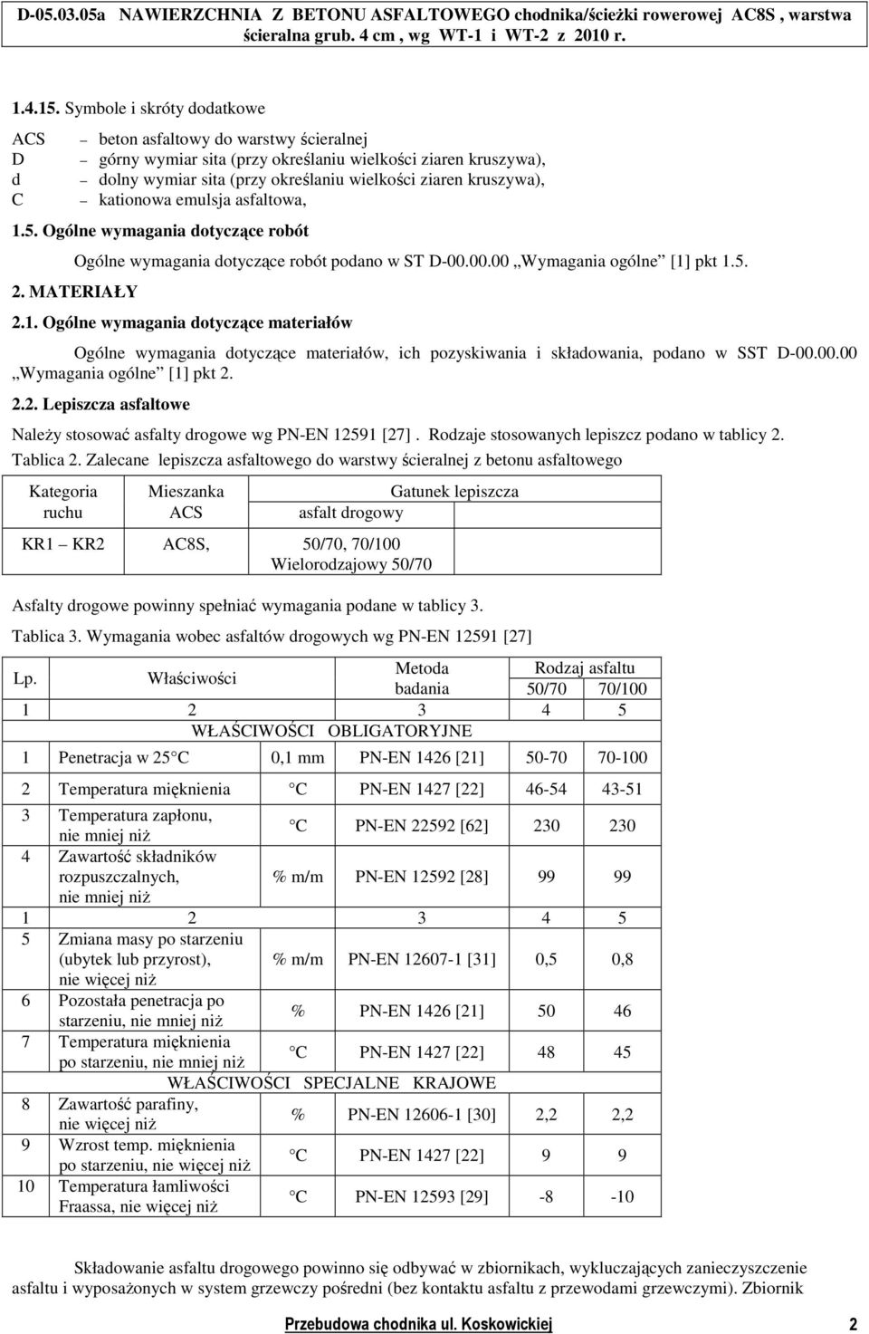 kruszywa), kationowa emulsja asfaltowa, 1.5. Ogólne wymagania dotyczące robót Ogólne wymagania dotyczące robót podano w ST D-00.00.00 Wymagania ogólne [1] pkt 1.5. 2. MATERIAŁY 2.1. Ogólne wymagania dotyczące materiałów Ogólne wymagania dotyczące materiałów, ich pozyskiwania i składowania, podano w SST D-00.