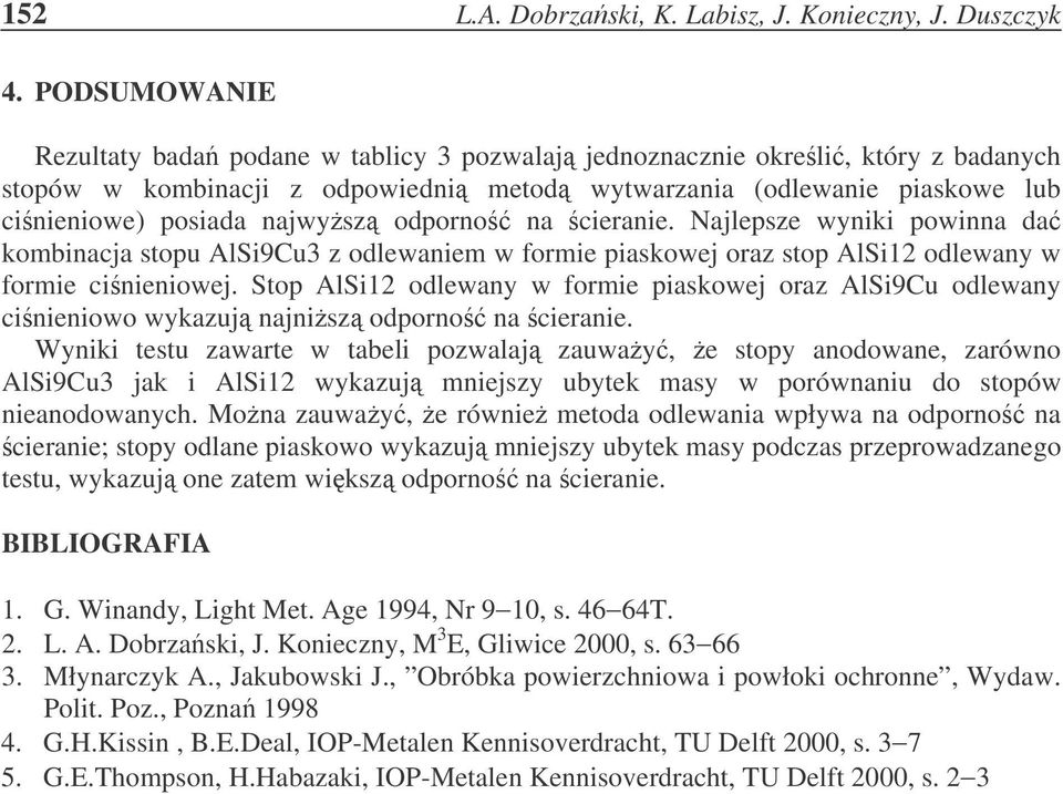 odporno na cieranie. Najlepsze wyniki powinna da kombinacja stopu AlSi9Cu3 z odlewaniem w formie piaskowej oraz stop AlSi12 odlewany w formie cinieniowej.