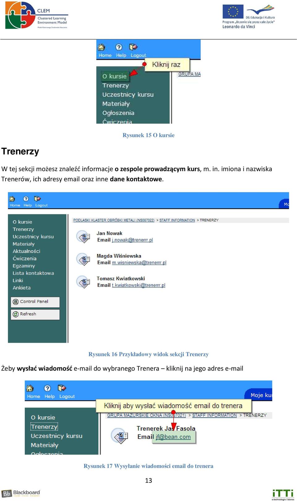 imiona i nazwiska Trenerów, ich adresy email oraz inne dane kontaktowe.