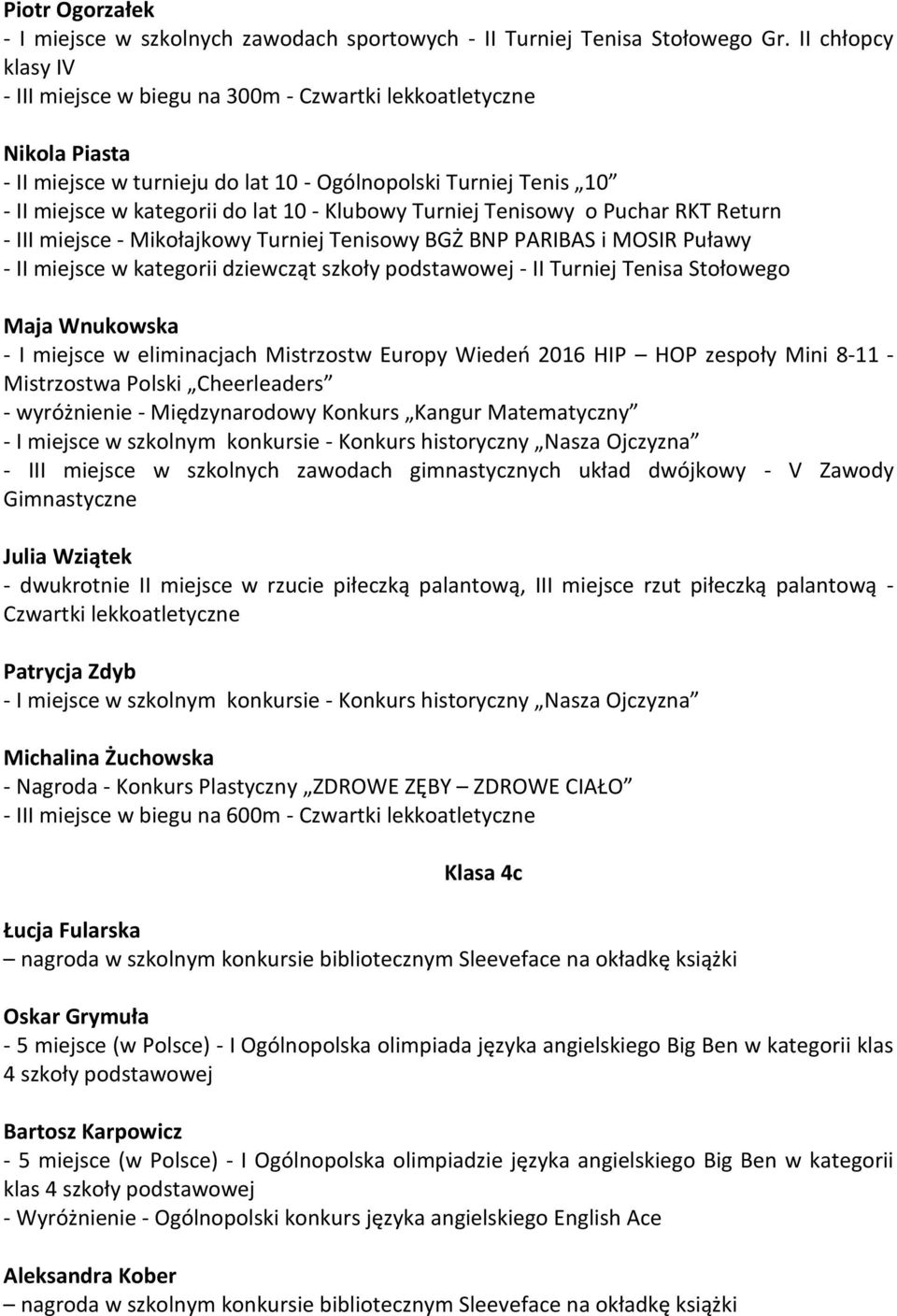 Klubowy Turniej Tenisowy o Puchar RKT Return - III miejsce - Mikołajkowy Turniej Tenisowy BGŻ BNP PARIBAS i MOSIR Puławy - II miejsce w kategorii dziewcząt szkoły podstawowej - II Turniej Tenisa