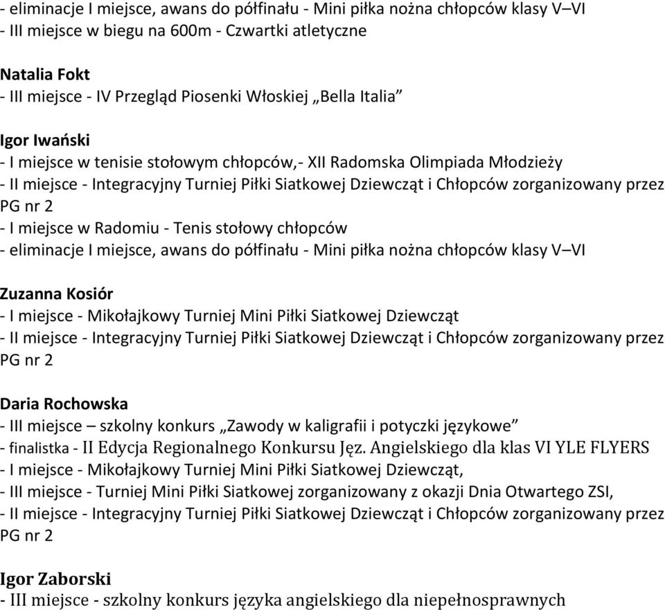 Mikołajkowy Turniej Mini Piłki Siatkowej Dziewcząt - II miejsce - Integracyjny Turniej Piłki Siatkowej Dziewcząt i Chłopców zorganizowany przez PG nr 2 Daria Rochowska - III miejsce szkolny konkurs