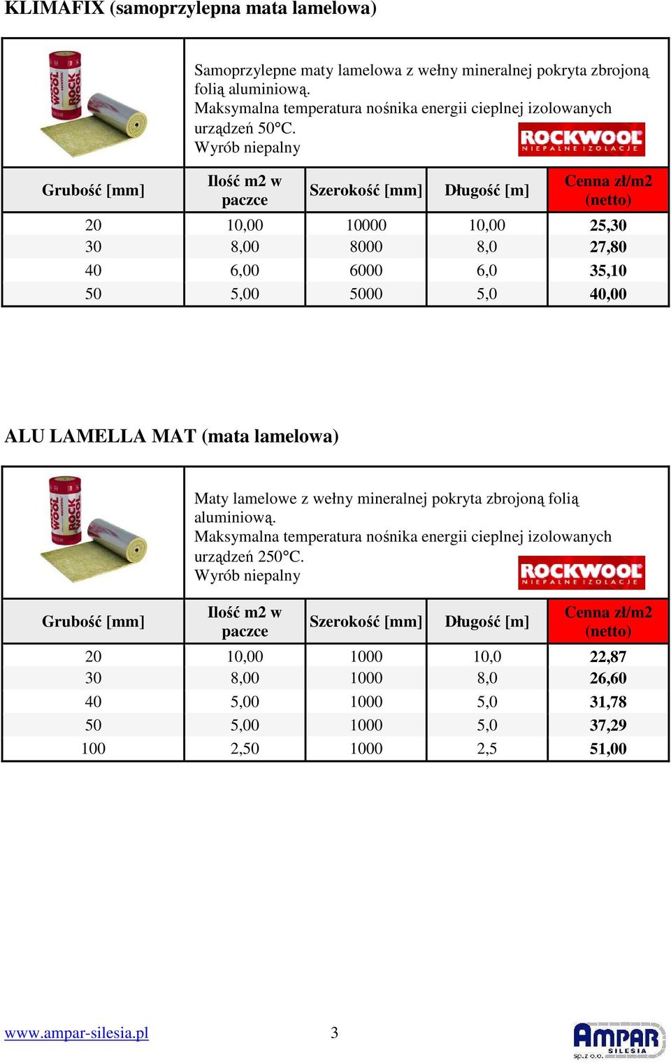 Wyrób niepalny Ilość m2 w paczce Szerokość [mm] Długość [m] Cenna zł/m2 (netto) 20 10,00 10000 10,00 25,30 30 8,00 8000 8,0 27,80 40 6,00 6000 6,0 35,10 50 5,00 5000 5,0 40,00 ALU LAMELLA MAT (mata