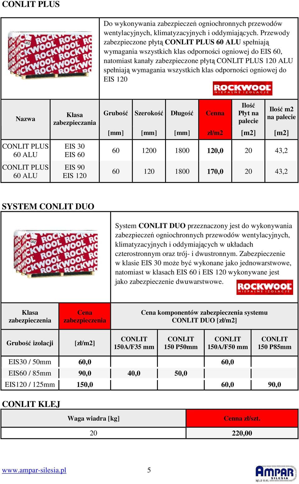 wszystkich klas odporności ogniowej do EIS 120 Nazwa CONLIT PLUS 60 ALU CONLIT PLUS 60 ALU Klasa zabezpieczania EIS 30 EIS 60 EIS 90 EIS 120 Grubość Szerokość Długość Cenna Ilość Płyt na palecie