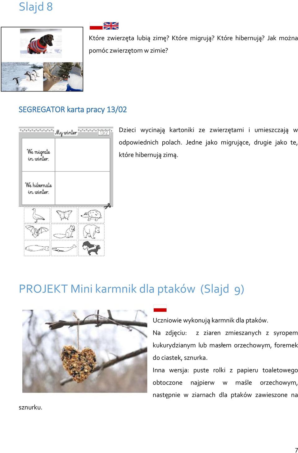 Jedne jako migrujące, drugie jako te, które hibernują zimą. PROJEKT Mini karmnik dla ptaków (Slajd 9) Uczniowie wykonują karmnik dla ptaków. sznurku.