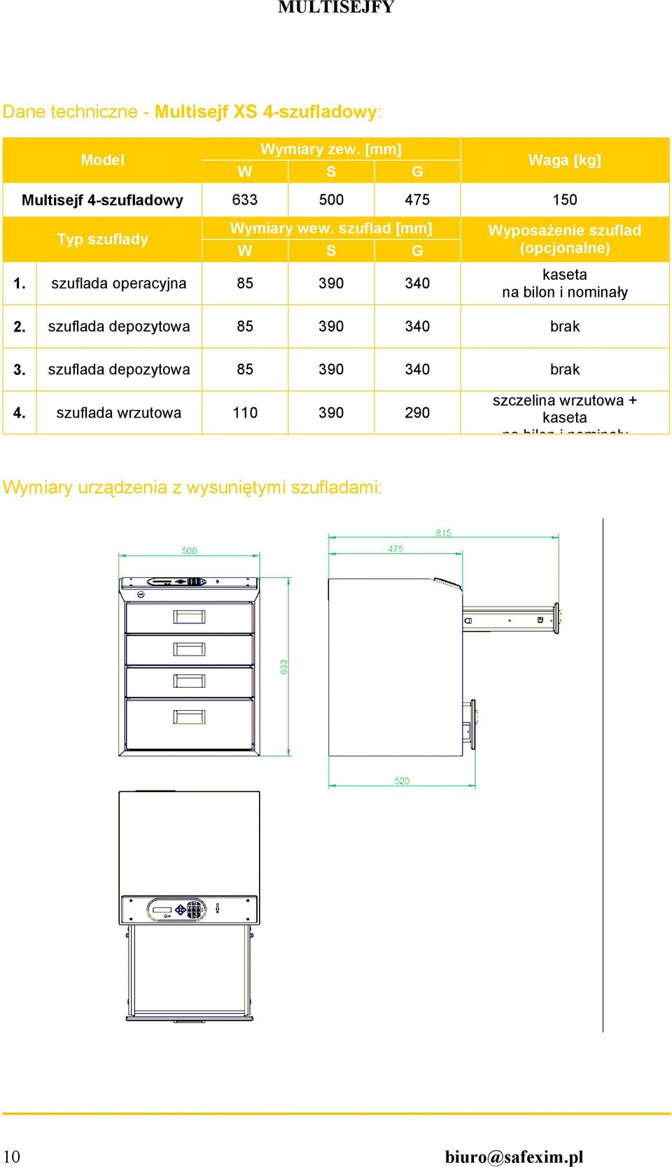 szuflada operacyjna 85 390 340 WyposaŜenie szuflad (opcjonalne) kaseta na bilon i nominały 2.