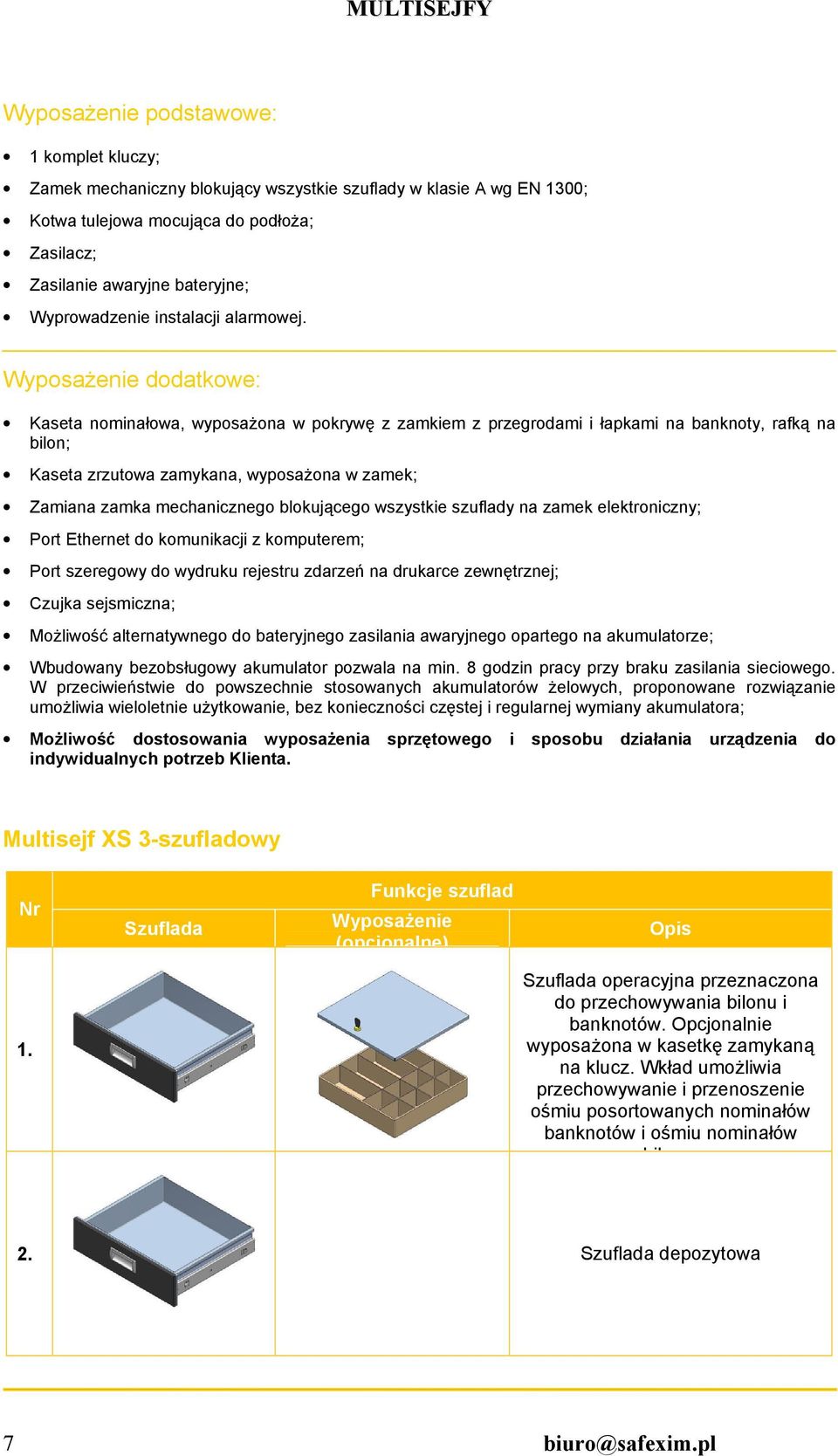 WyposaŜenie dodatkowe: Kaseta nominałowa, wyposaŝona w pokrywę z zamkiem z przegrodami i łapkami na banknoty, rafką na bilon; Kaseta zrzutowa zamykana, wyposaŝona w zamek; Zamiana zamka mechanicznego