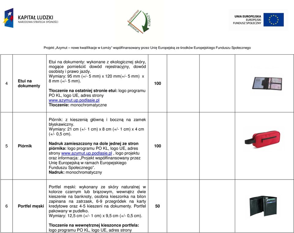 Tłoczenie na ostatniej stronie etui: logo programu PO KL, logo UE, adres strony 100 Piórnik: z kieszenią główną i boczną na zamek błyskawiczny.