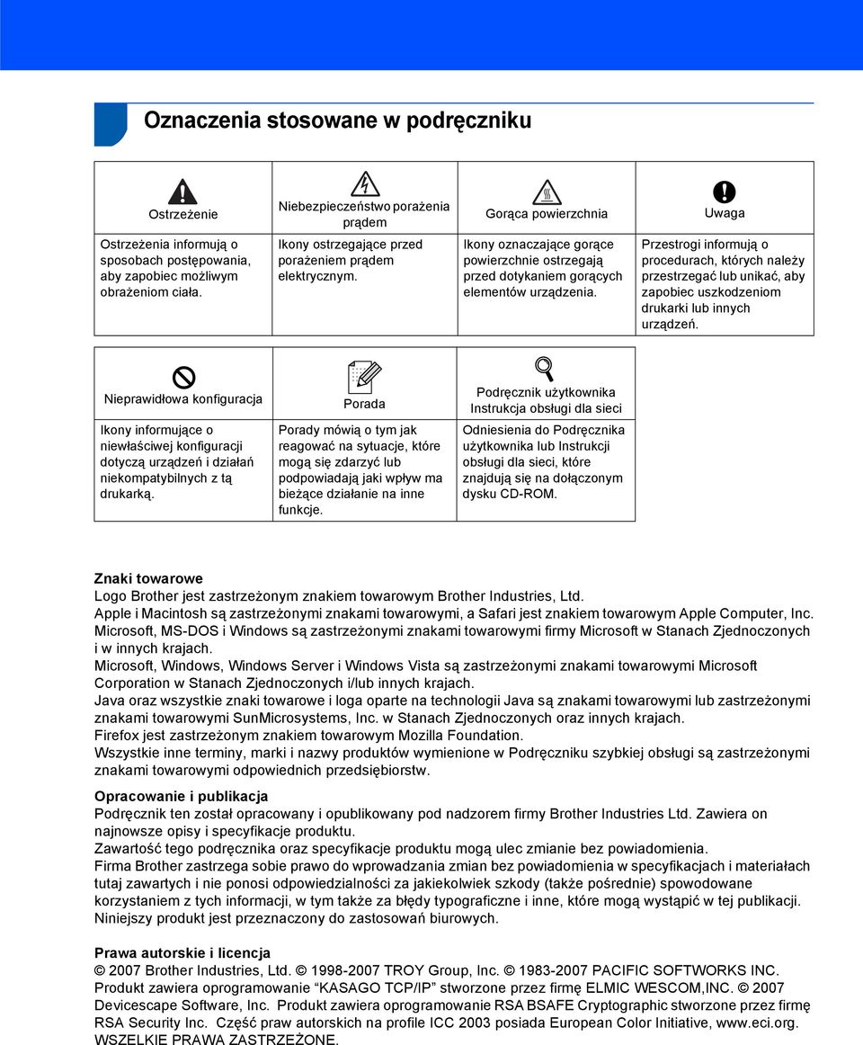 Przestrogi informują o procedurach, których należy przestrzegać lub unikać, aby zapobiec uszkodzeniom drukarki lub innych urządzeń.