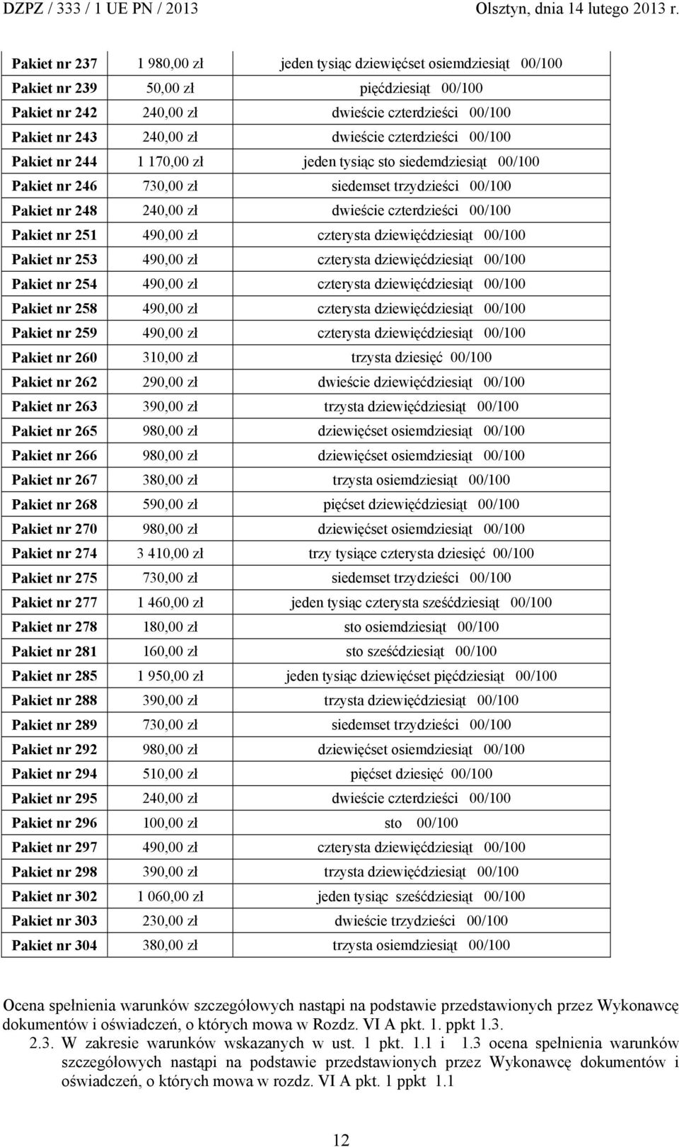 Pakiet nr 251 490,00 zł czterysta dziewięćdziesiąt 00/100 Pakiet nr 253 490,00 zł czterysta dziewięćdziesiąt 00/100 Pakiet nr 254 490,00 zł czterysta dziewięćdziesiąt 00/100 Pakiet nr 258 490,00 zł