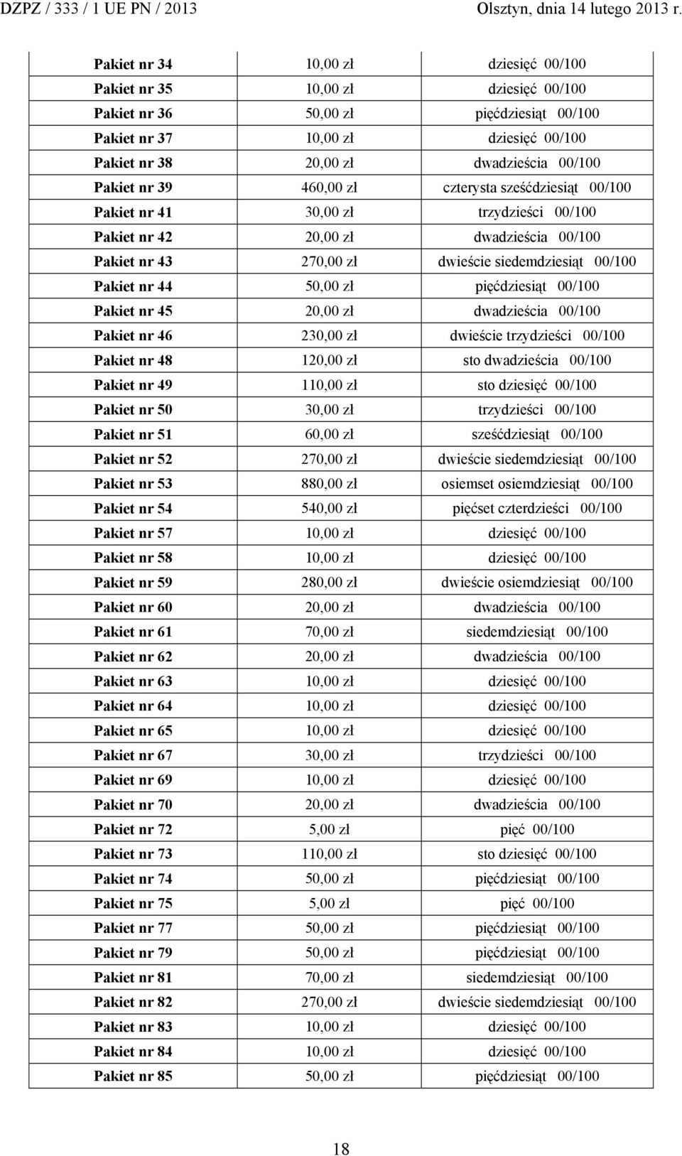 44 50,00 zł pięćdziesiąt 00/100 Pakiet nr 45 20,00 zł dwadzieścia 00/100 Pakiet nr 46 230,00 zł dwieście trzydzieści 00/100 Pakiet nr 48 120,00 zł sto dwadzieścia 00/100 Pakiet nr 49 110,00 zł sto