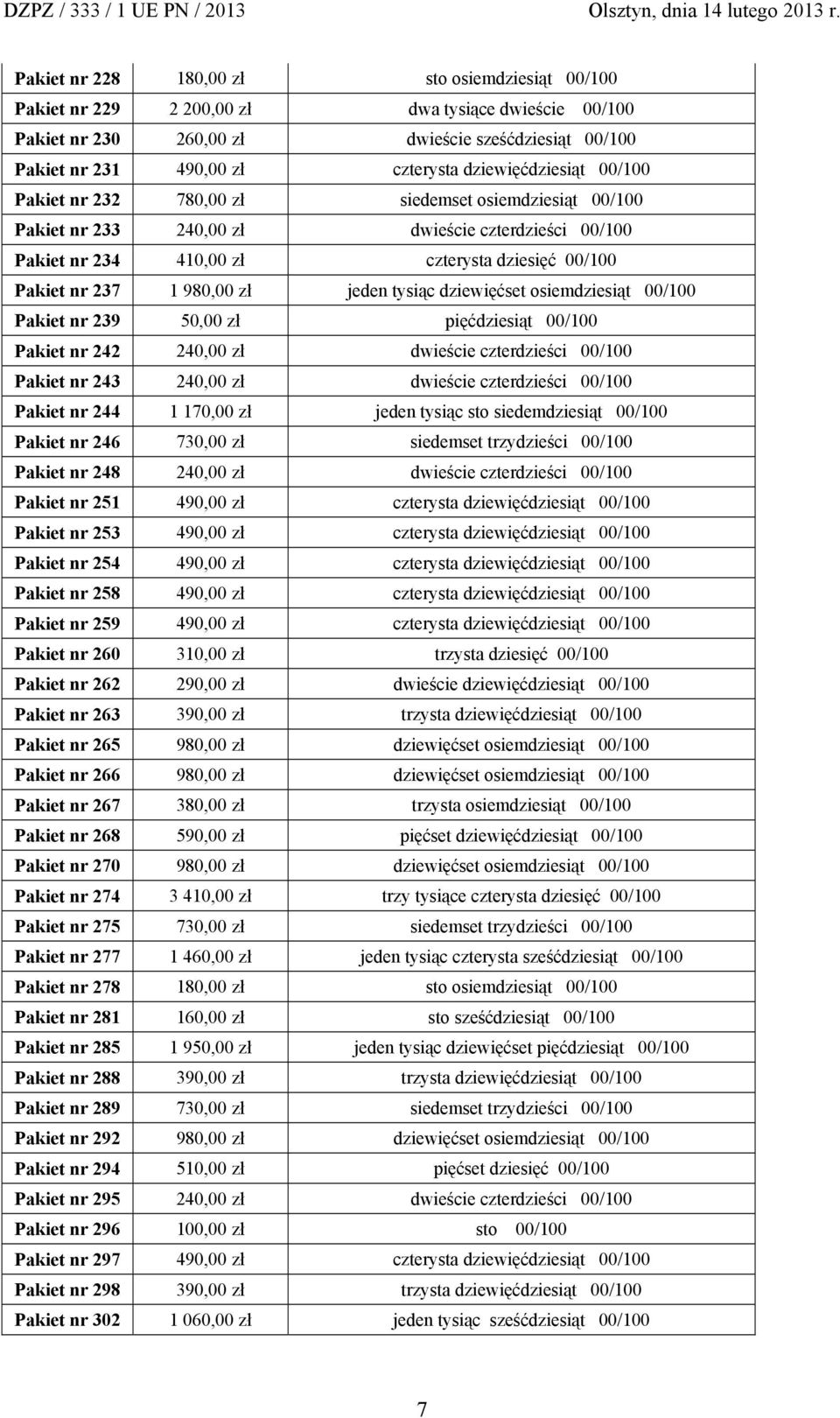 980,00 zł jeden tysiąc dziewięćset osiemdziesiąt 00/100 Pakiet nr 239 50,00 zł pięćdziesiąt 00/100 Pakiet nr 242 240,00 zł dwieście czterdzieści 00/100 Pakiet nr 243 240,00 zł dwieście czterdzieści