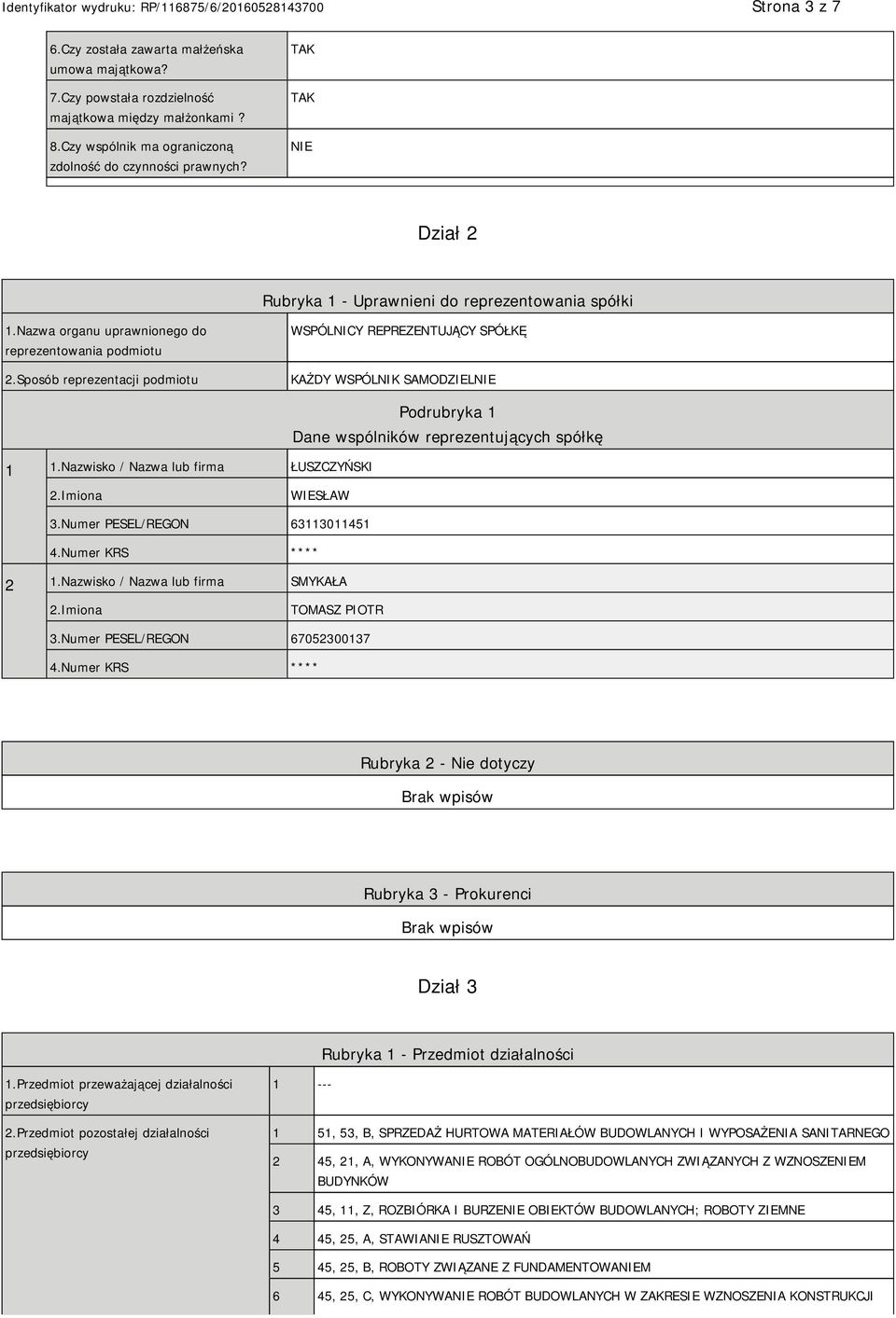 Sposób reprezentacji podmiotu WSPÓLNICY REPREZENTUJĄCY SPÓŁKĘ KAŻDY WSPÓLNIK SAMODZIEL 1 1.Nazwisko / Nazwa lub firma ŁUSZCZYŃSKI Podrubryka 1 Dane wspólników reprezentujących spółkę WIESŁAW 3.