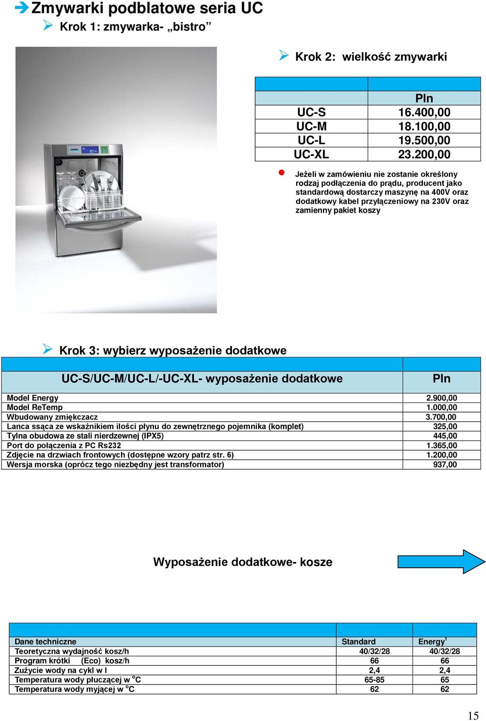 koszy Krok 3: wybierz wyposażenie dodatkowe UC-S/UC-M/UC-L/-UC-L- wyposażenie dodatkowe Pln Model Energy 2.900,00 Model ReTemp 1.000,00 Wbudowany zmiękczacz 3.