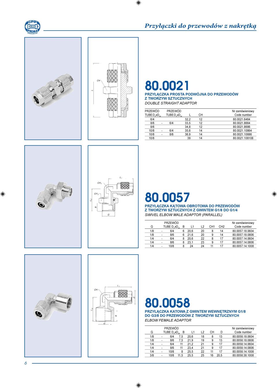 0057 PRZYŁĄCZKA KĄTOWA OBROTOWA DO PRZEWODÓW Z TWORZYW SZTUCZNYCH Z GWINTEM G1/8 DO G1/4 SWIVEL ELBOW MALE ADAPTOR (PARALLEL) B L1 L2 CH1 CH2 1/8-6/4 6 20,6 20 8 14 80.0057.18.