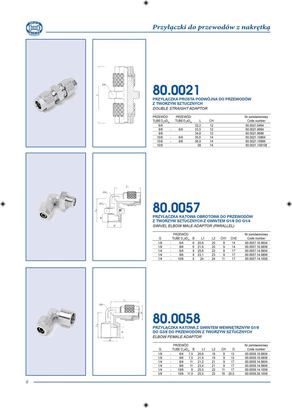 0057 PRZYŁĄCZKA KĄTOWA OBROTOWA DO PRZEWODÓW Z TWORZYW SZTUCZNYCH Z GWINTEM G1/8 DO G1/4 SWIVEL ELBOW MALE ADAPTOR (PARALLEL) B L1 L2 CH1 CH2 1/8-6/4 6 20,6 20 8 14 80.0057.18.