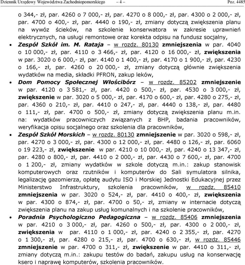 Szkół im. M. Rataja w rozdz. 80130 zmniejszenia w par. 4040 o 10 000,- zł, par. 4110 o 3 466,- zł, par. 4120 o 16 000,- zł, zwiększenia w par. 3020 o 6 000,- zł, par. 4140 o 1 400,- zł, par.