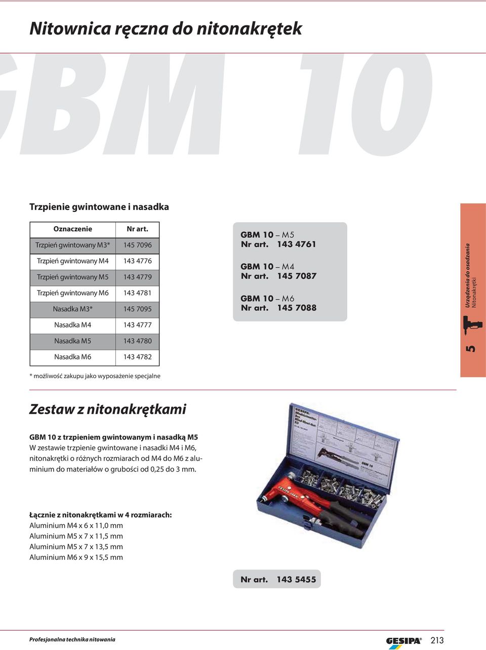 jako wyposażenie specjalne Zestaw z nitonakrętkami GBM 10 z trzpieniem gwintowanym i nasadką M5 W zestawie trzpienie gwintowane i nasadki M4 i M6, nitonakrętki o różnych rozmiarach od M4 do M6 z