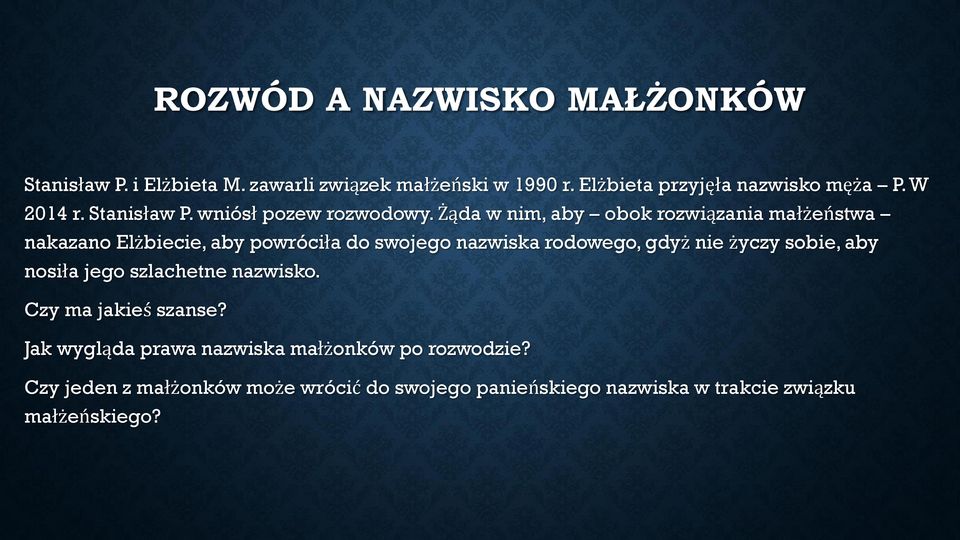 Żąda w nim, aby obok rozwiązania małżeństwa nakazano Elżbiecie, aby powróciła do swojego nazwiska rodowego, gdyż nie życzy