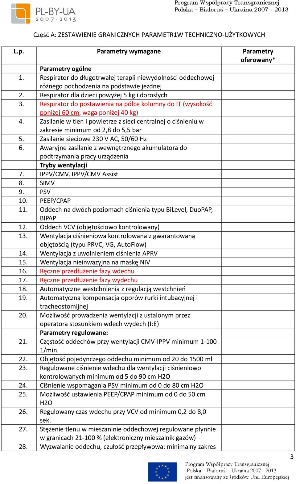 Respirator do postawienia na półce kolumny do IT (wysokość poniżej 60 cm, waga poniżej 40 kg) 4. Zasilanie w tlen i powietrze z sieci centralnej o ciśnieniu w zakresie minimum od 2,8 do 5,5 bar 5.