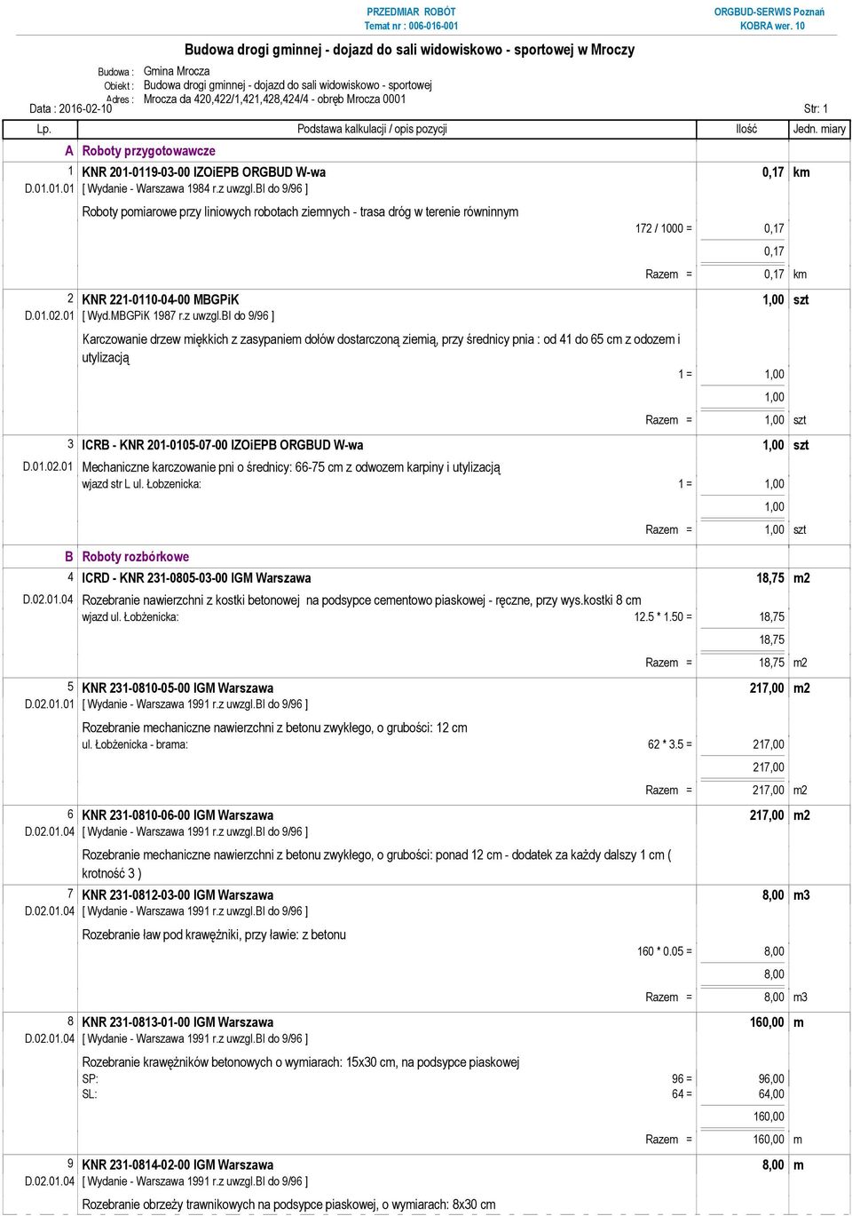 bi do 9/96 ] Roboty pomiarowe przy liniowych robotach ziemnych - trasa dróg w terenie równinnym 172 / 1000 = 0,17 0,17 Razem = 0,17 km 2 KNR 221-0110-04-00 MBGPiK 1,00 szt D.01.02.01 [ Wyd.