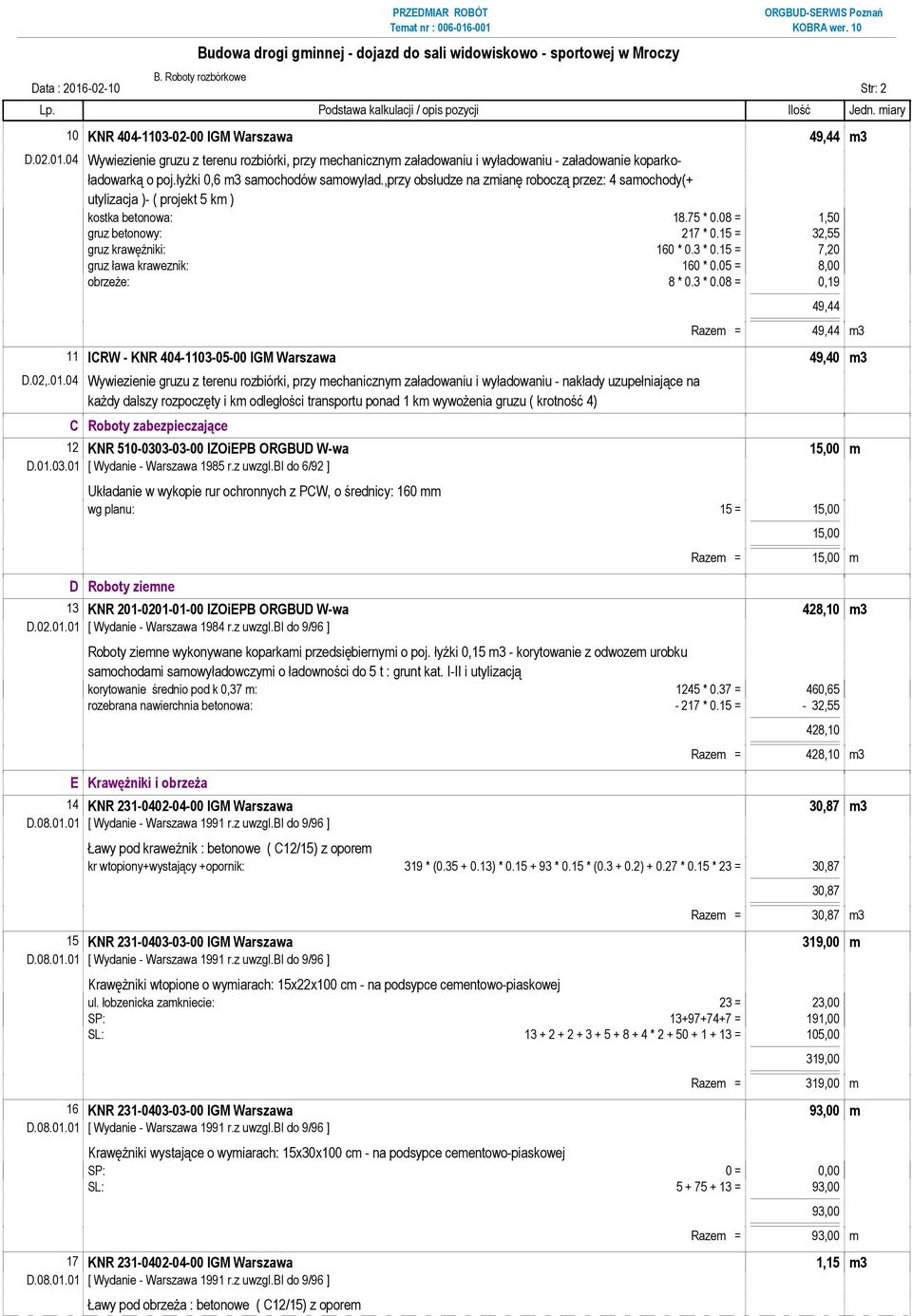 15 = 32,55 gruz krawężniki: 160 * 0.3 * 0.15 = 7,20 gruz ława kraweznik: 160 * 0.05 = 8,00 obrzeże: 8 * 0.3 * 0.08 = 0,19 49,44 Razem = 49,44 m3 11 ICRW - KNR 404-1103-05-00 IGM Warszawa 49,40 m3 D.